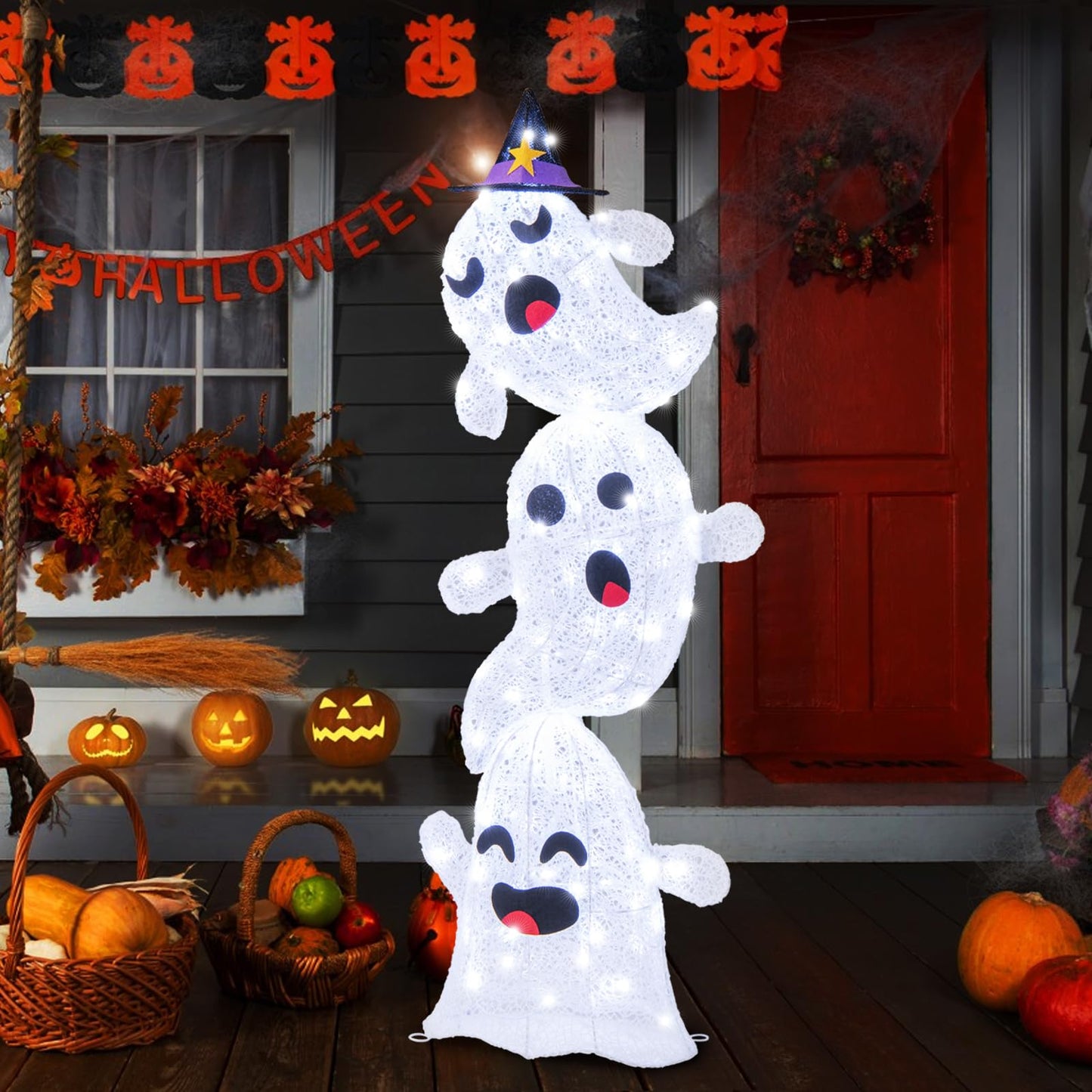 4 FT Lighted Stacked Ghosts with 120 LED Lights and 4 Metal Ground Stakes