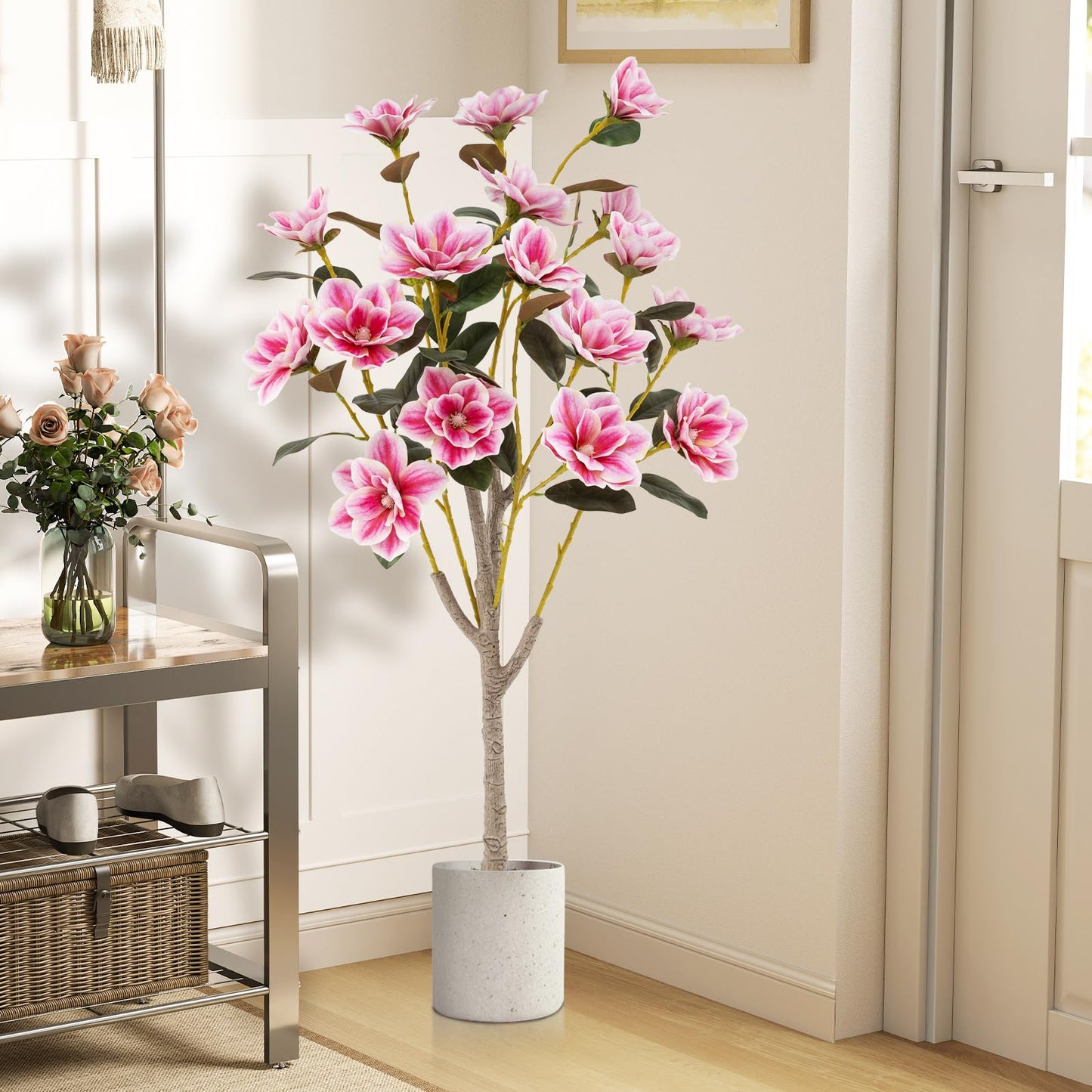 130CM Artificial Magnolia Tree Faux Wedding Flower Plant with Realistic Moss