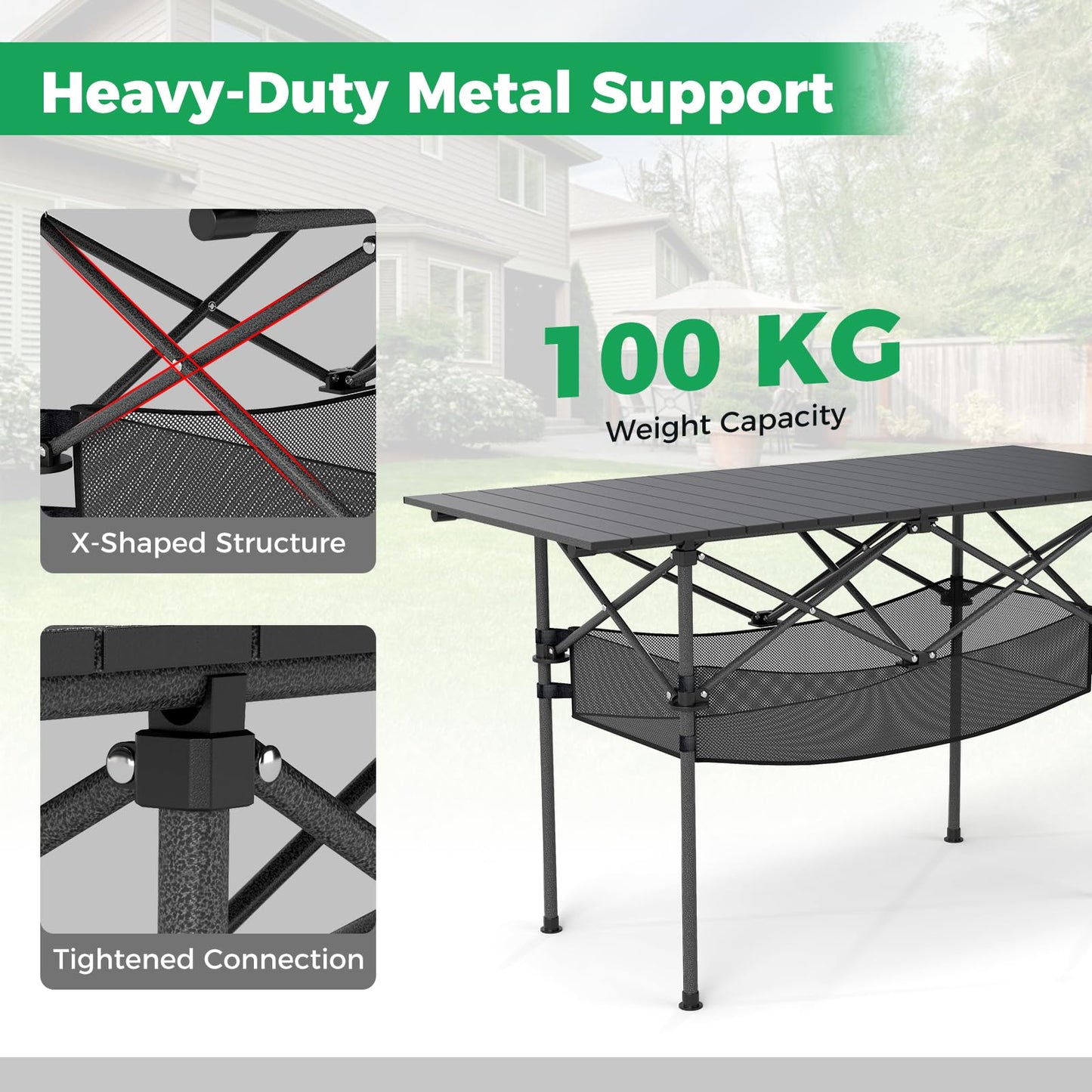 Patio Folding Camping Table Picnic Table with Aluminum Roll-up Tabletop