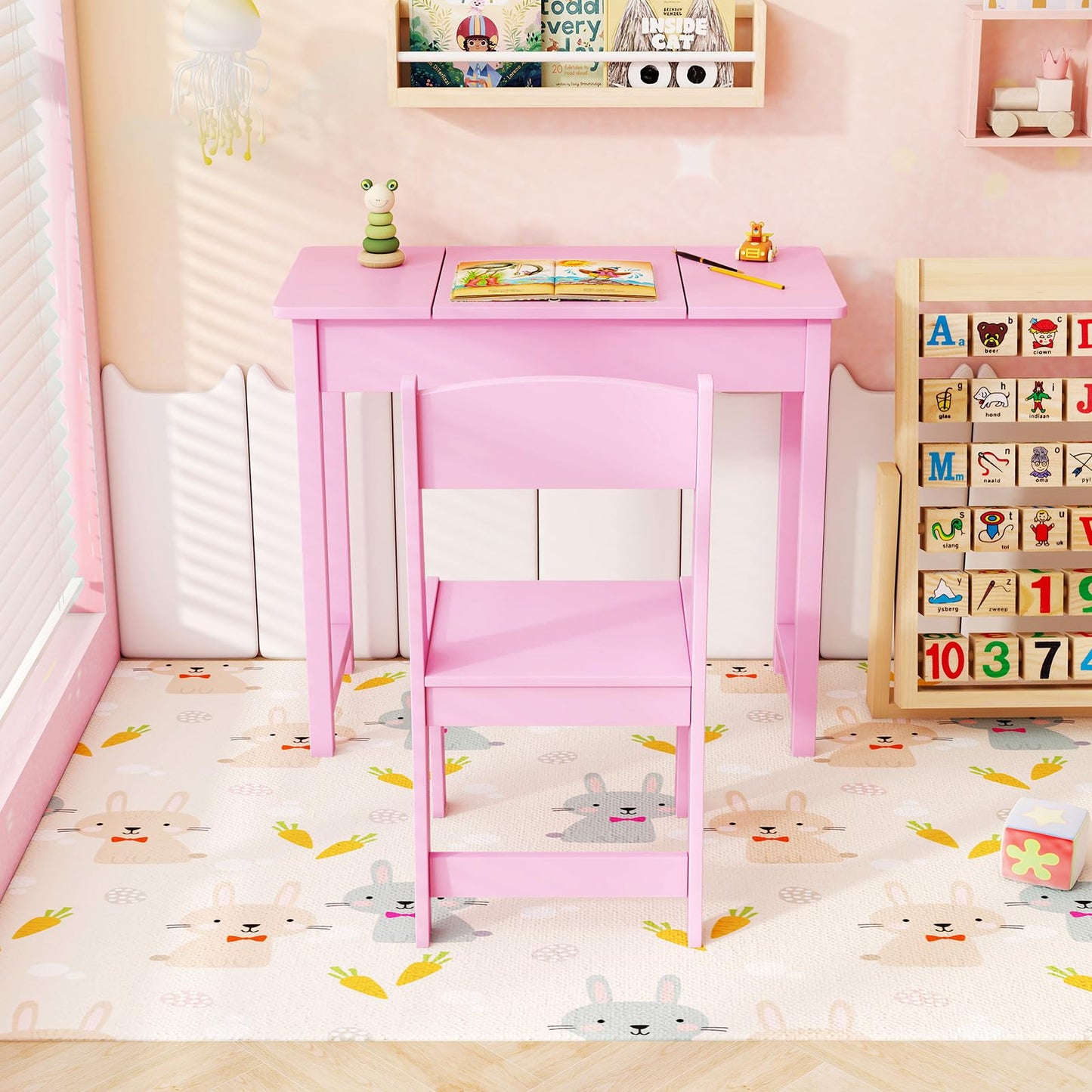2 in 1 Kids Vanity Table and Chair Set with Flip Top Mirror Hidden Storage