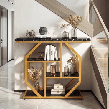 Console Table, 4-Tier Faux Marble Slim Entryway Table with Storage Shelves