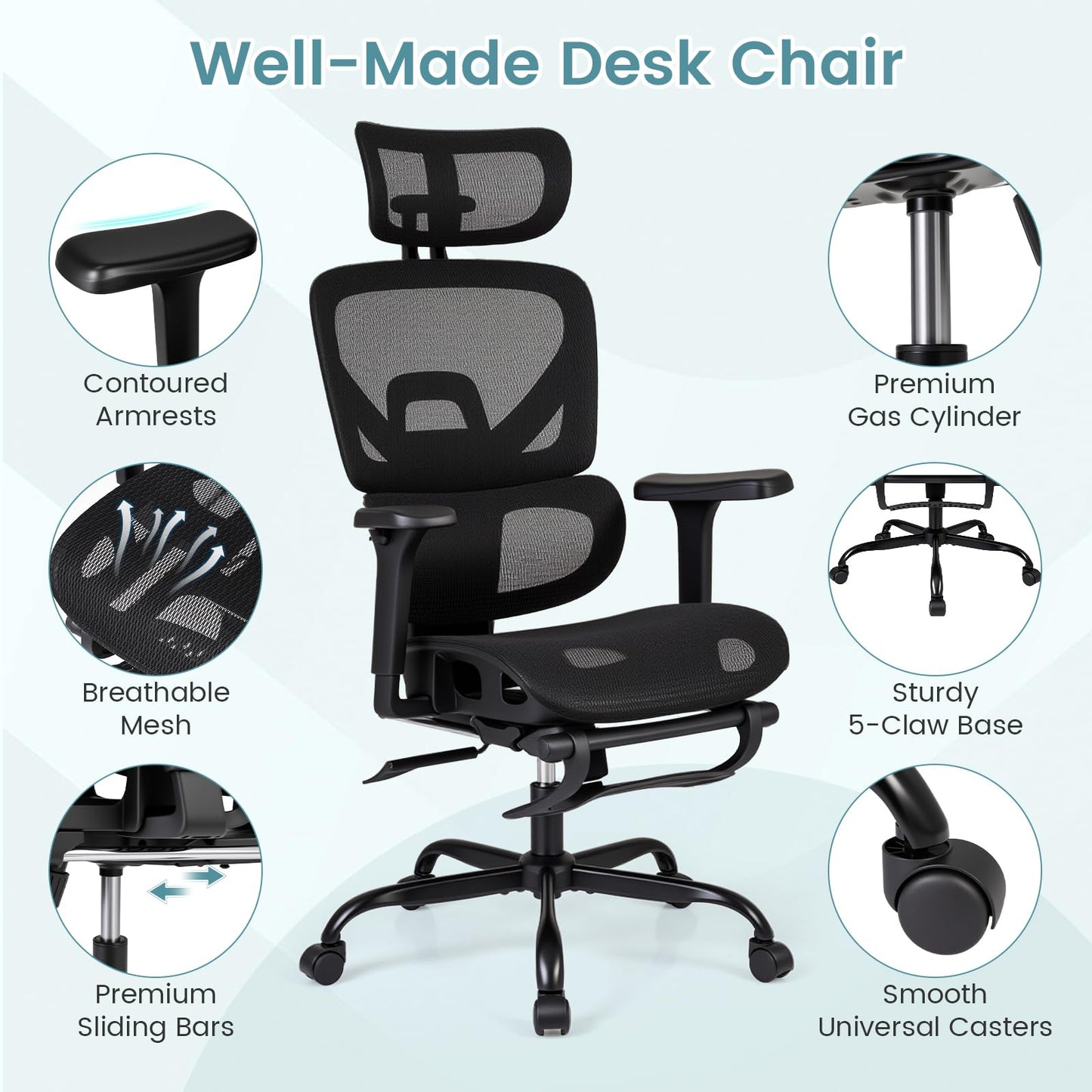 Mesh Office Chair with Footrest, Ergonomic High Back Swivel Computer Desk Chair