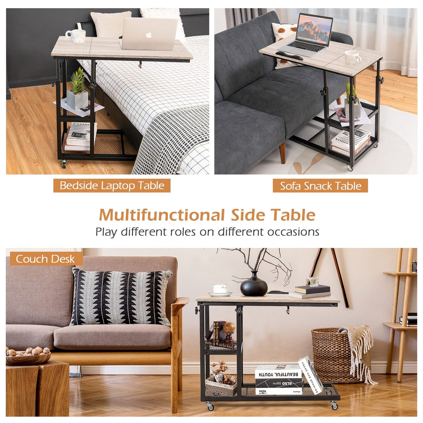Height Adjustable Mobile Overbed Table with Wheels and Storage Shelves