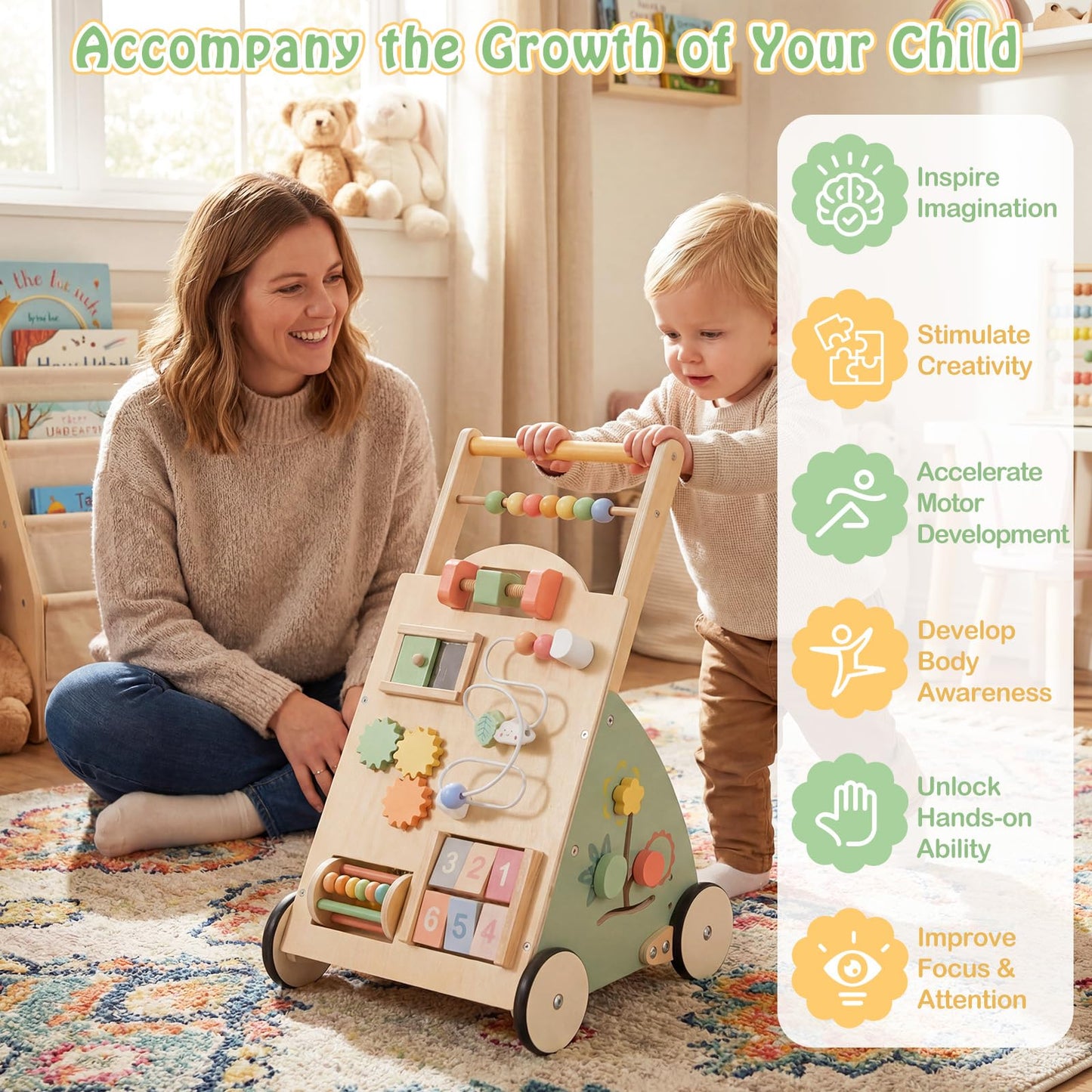 Wooden Baby Walker, 10 in 1 Toddler Push Along Toy with Activity Center