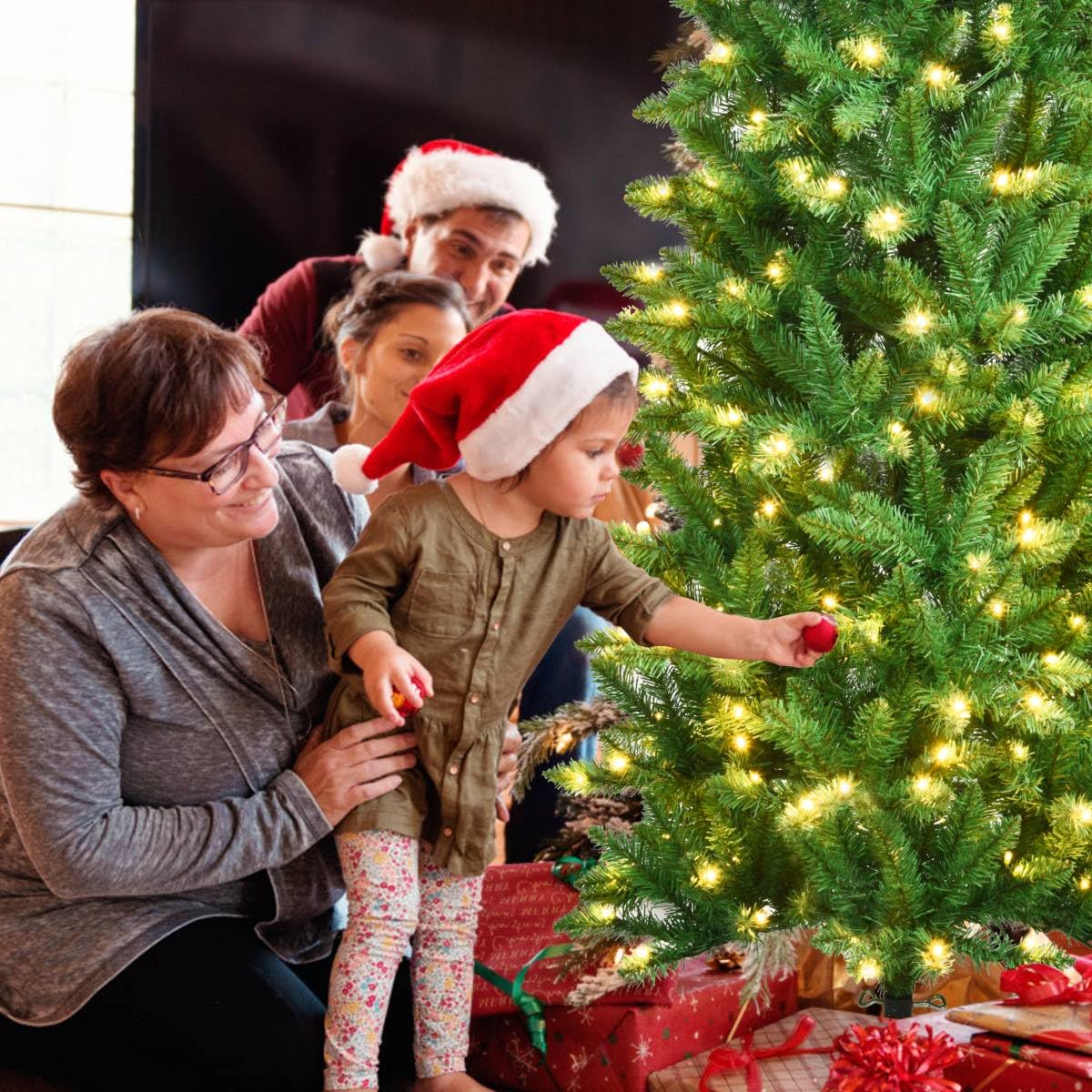 GiantexUK 150cm/180cm Pre Lit Premium Christmas Tree, Green Xmas Tree with 150/250 LED Lights