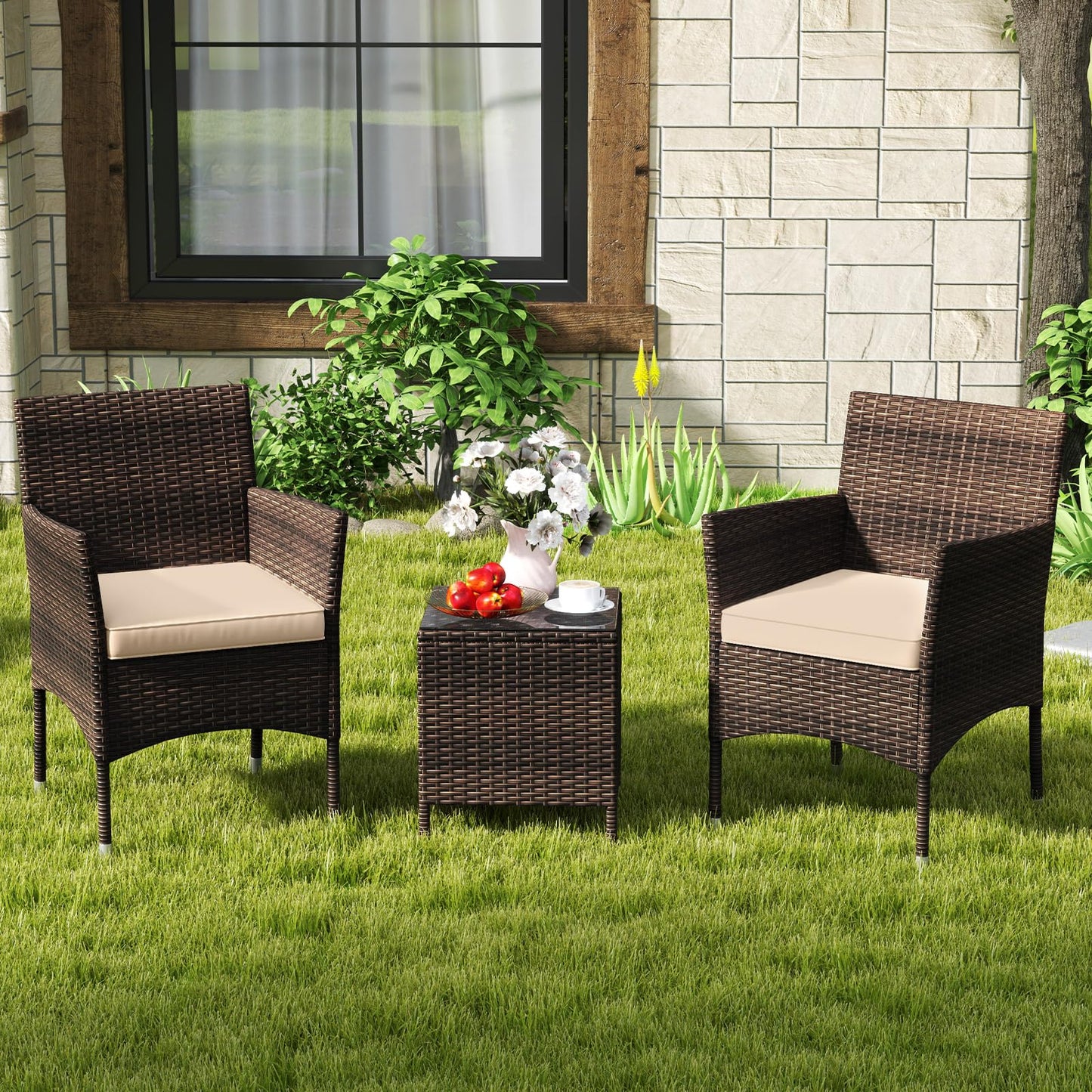 3 Pieces Patio Rattan Furniture Set with Soft Cushions and Glass Top Table