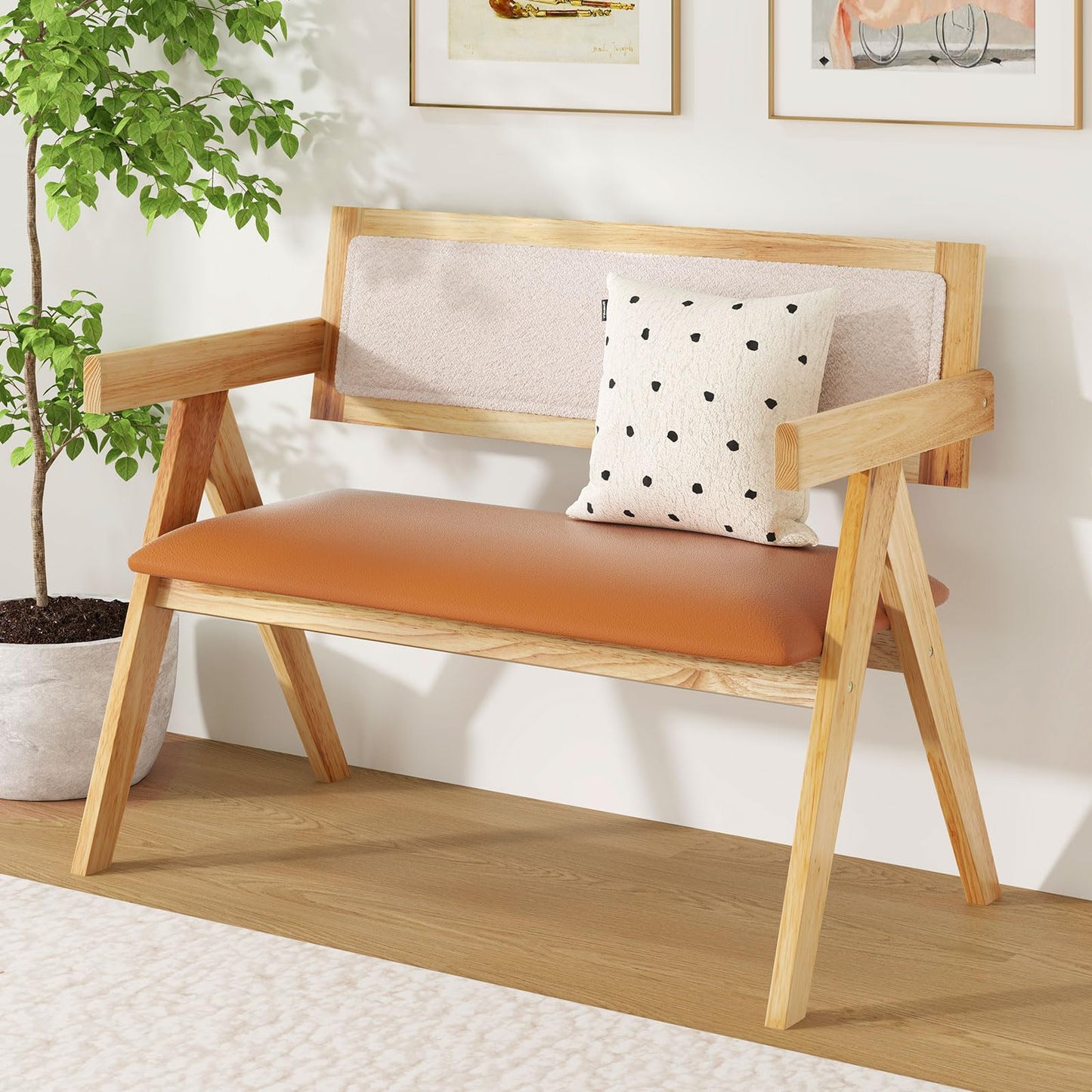 Rubber Wood Dining Bench with Armrest and Sherpa Upholstered Backrest