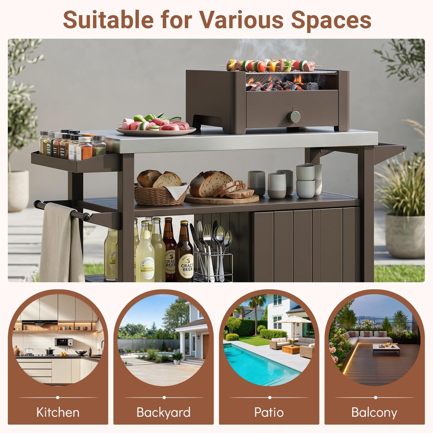 Outdoor Grill Cart Movable Prep Table with Storage Cabinet