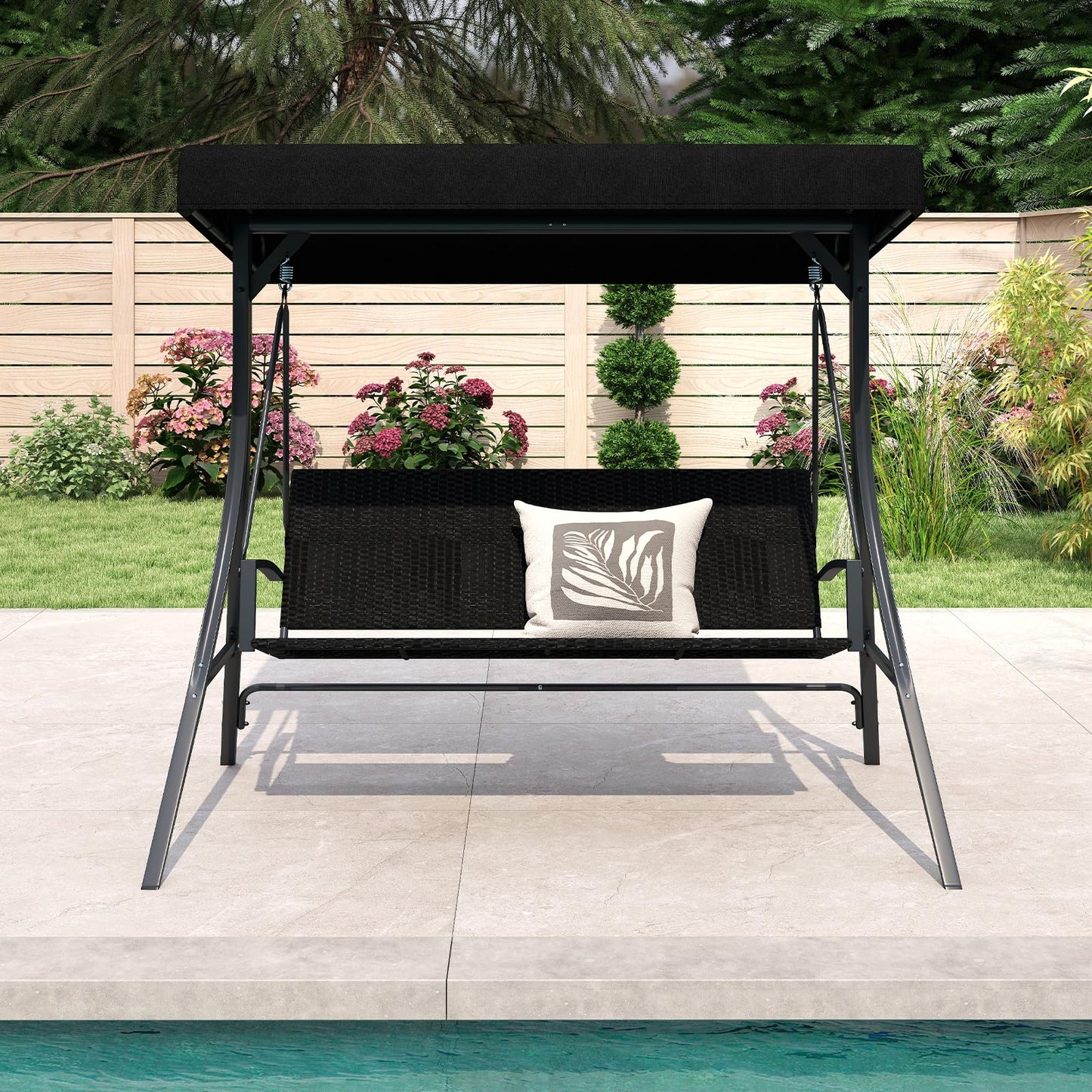 3-Person Porch Swing with Stand Adjustable Canopy Swing with Rattan Seat