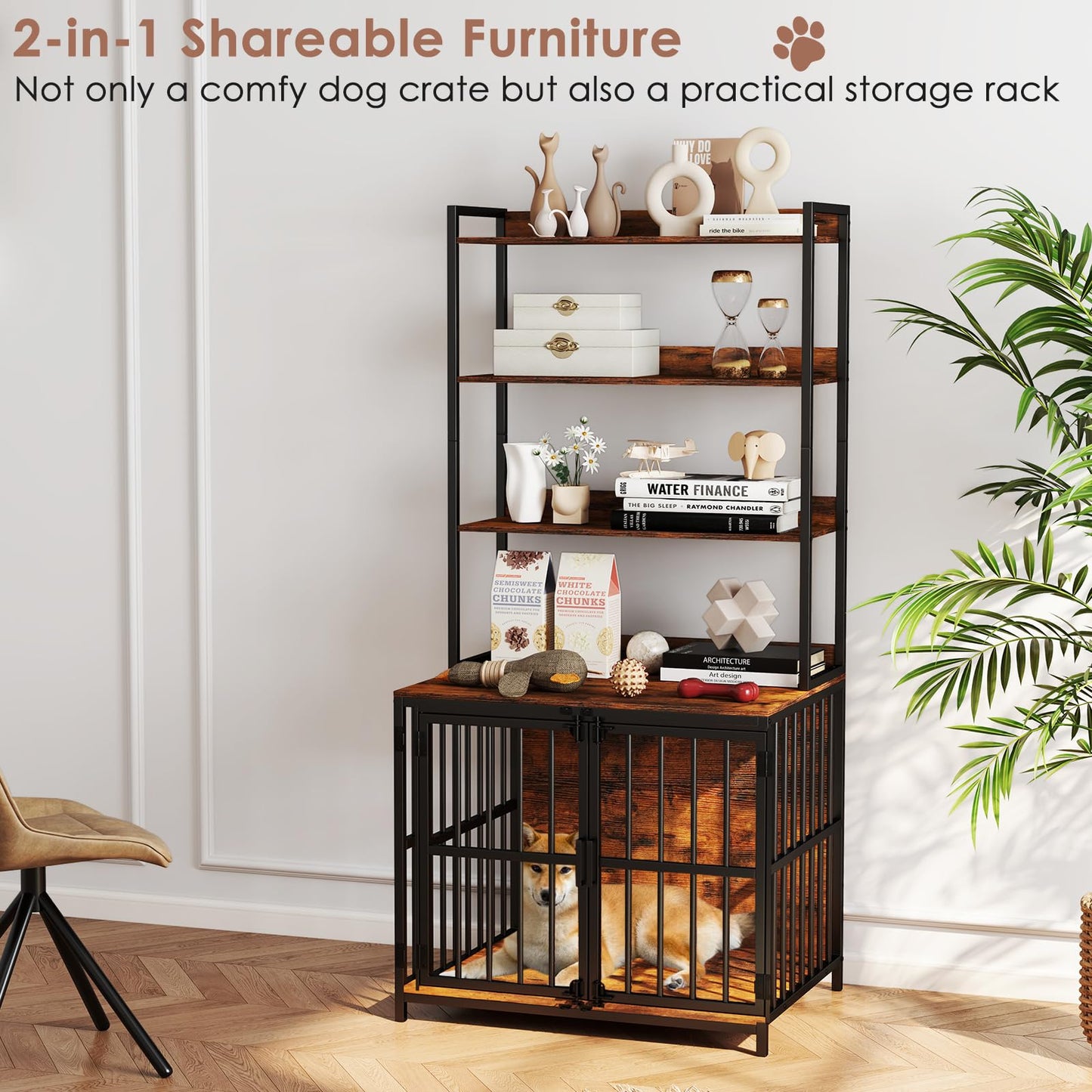 Indoor Wooden Dog Cage with Storage Shelves