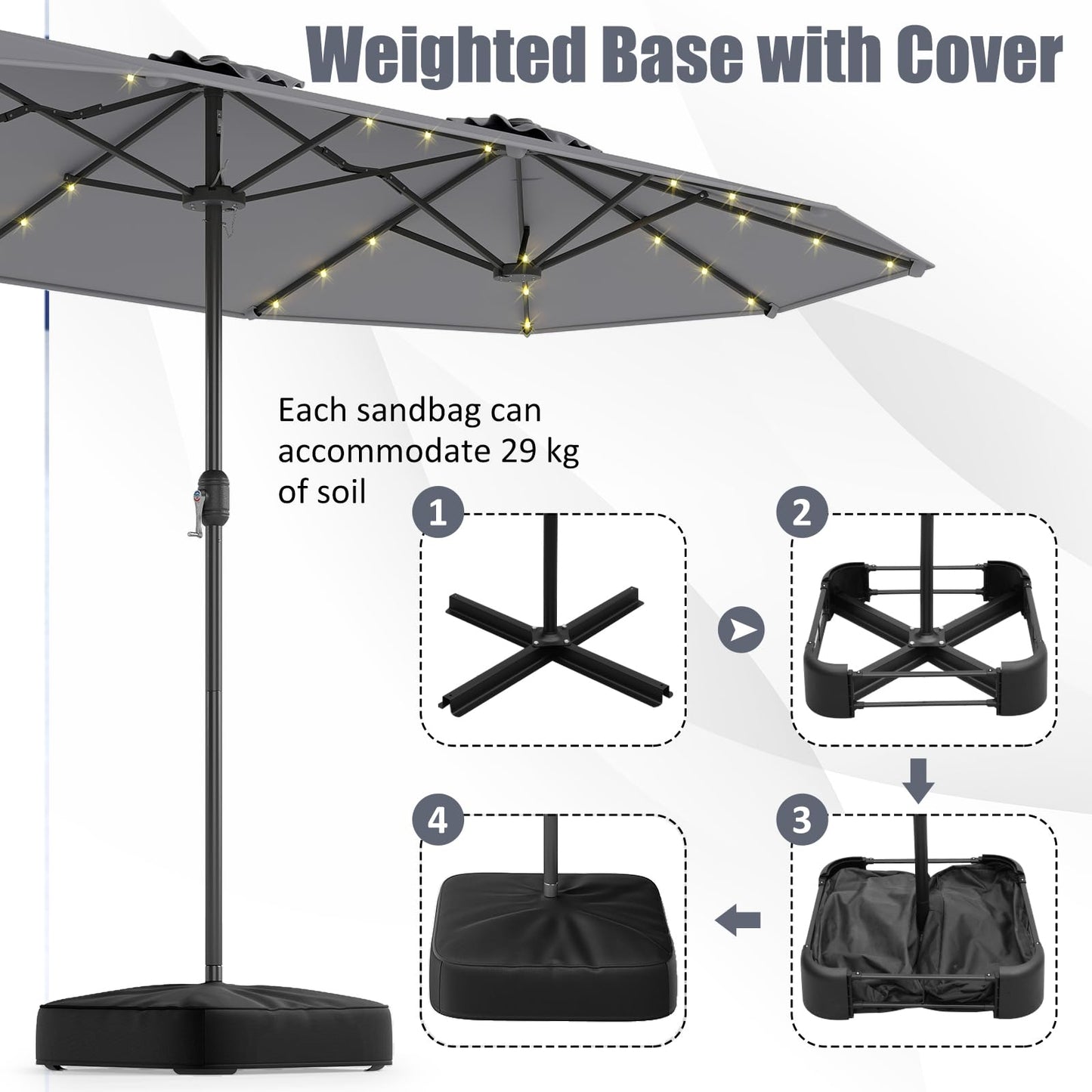 4M Double-Sided Parasol with Base with 36 Solar LED Lights