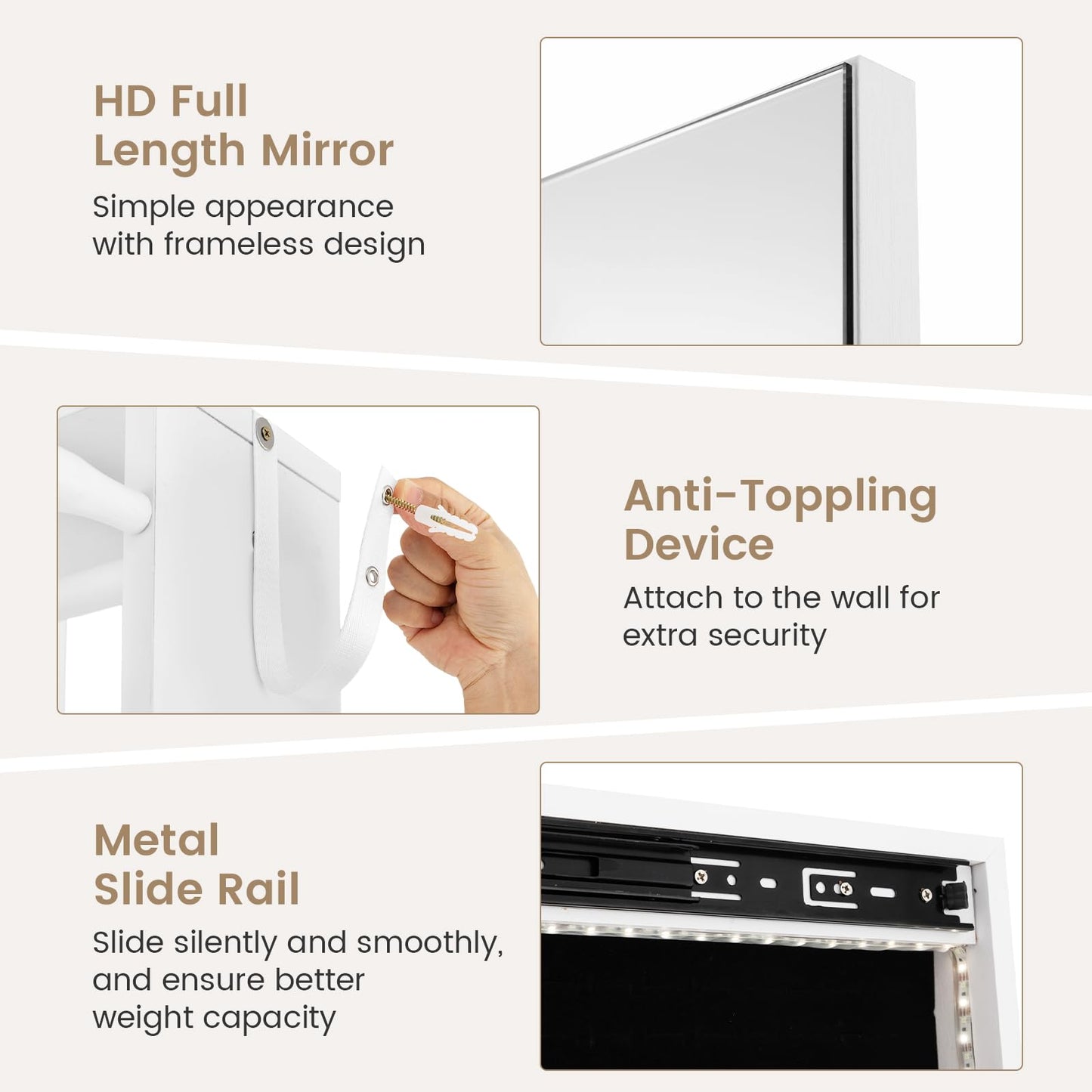 Swivel Jewelry Cabinet with Full-Length Mirror Cosmetics Storage