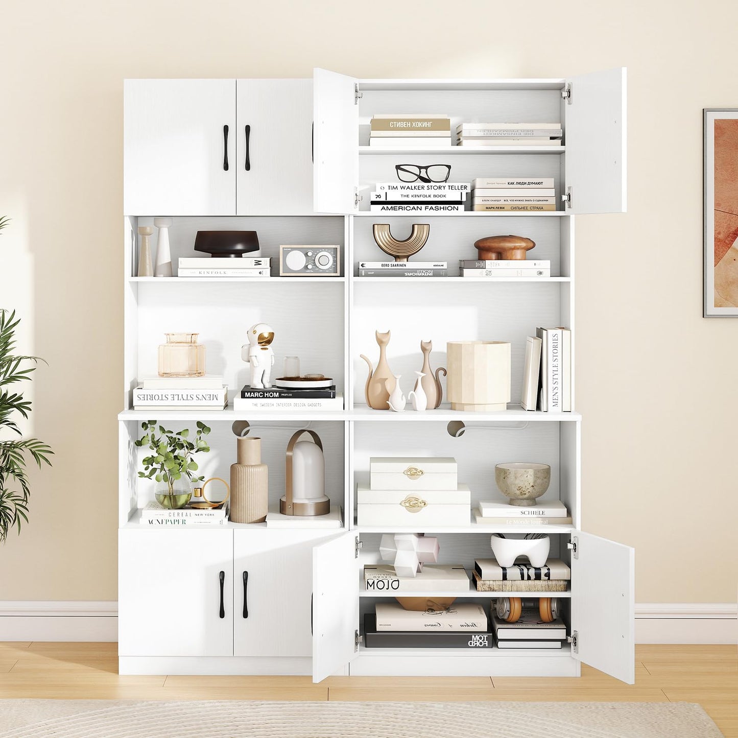Pantry Cabinet with Power Outlets Freestanding Narrow Kitchen Hutch with 4 Doors