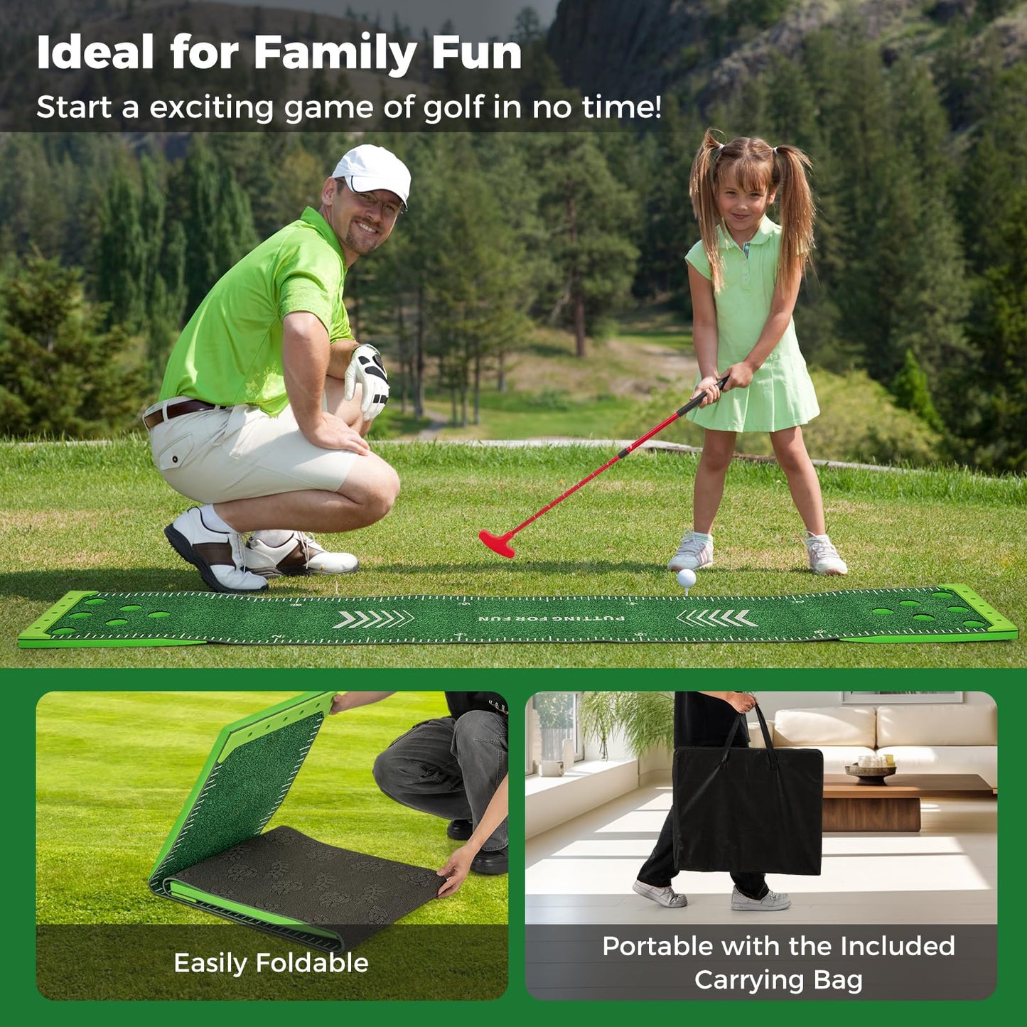 11 FT Putting Green Mat with 2 Adjustable Putters 6 Balls and 12 Hole Covers for Party