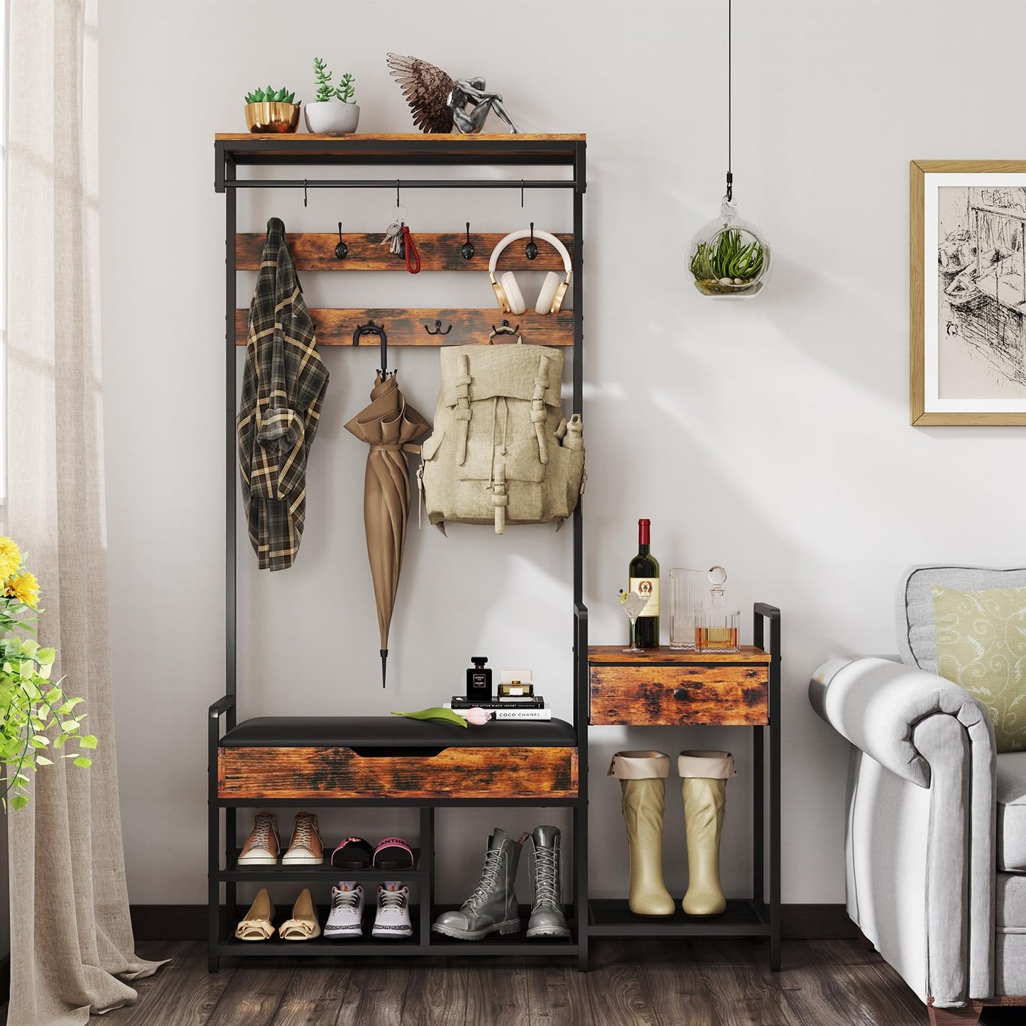 Freestanding Coat Rack with Shoe Rack and Storage Shelf