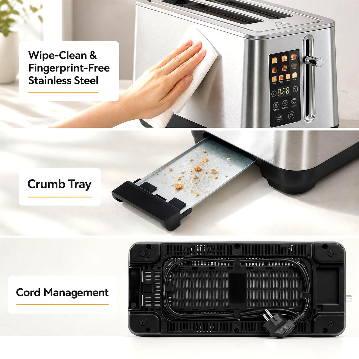 Stainless Steel Toaster with 6 Browning Levels and 4 Bread Types