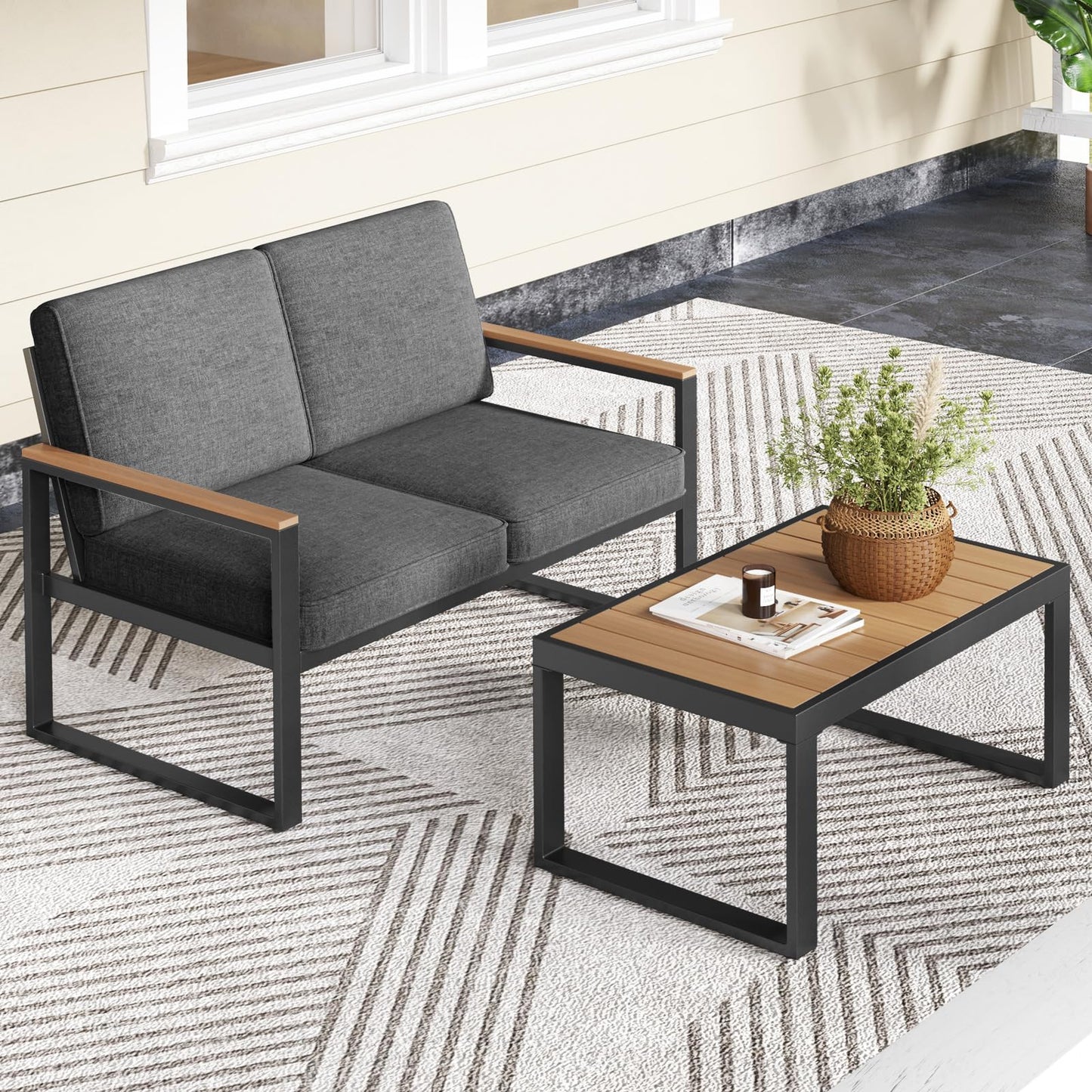 2-Seater Patio Aluminum Furniture Set with Coffee Table and Cushions
