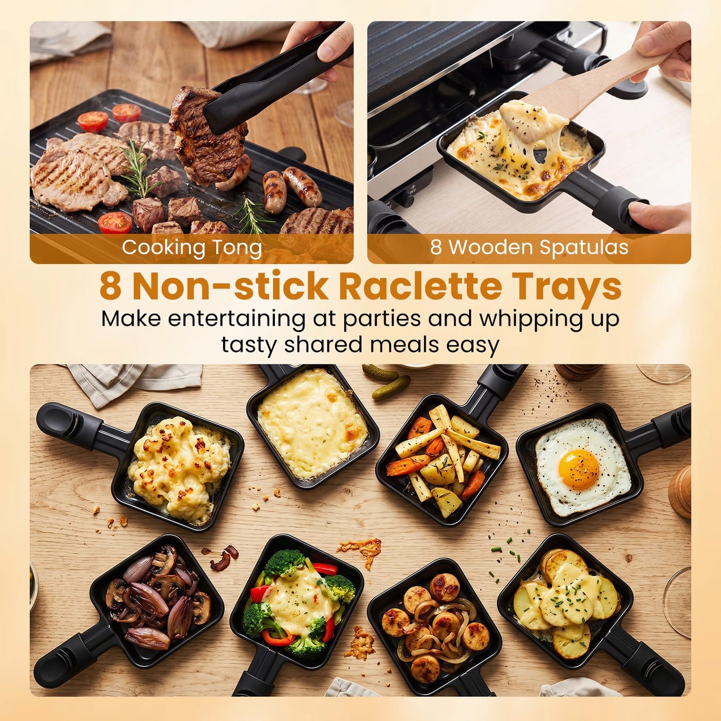 2 in 1 reversible non-stick griddle plate, 8 pans, 8 wooden spatulas, tong, adjustable temperature, indoor party cooking