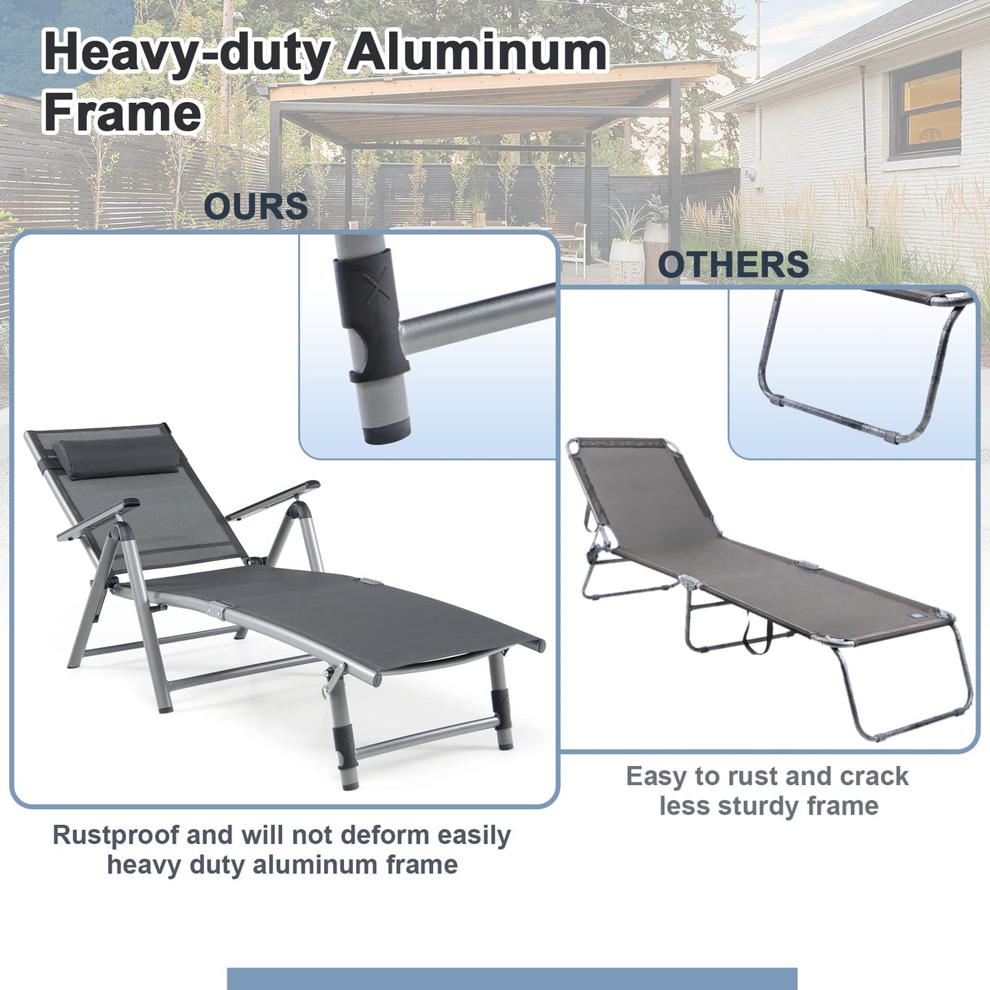 8 Positions Adjustable Garden Chaise Lounge Sunbed with 2-Level Foldable Legs and Pillow