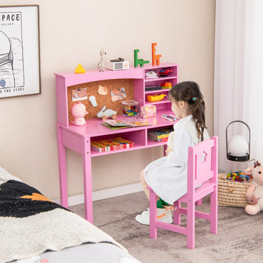 Kids Desk and Chair Set, Wooden Children Study Table with Hutch, Cork Board, Storage Shelves