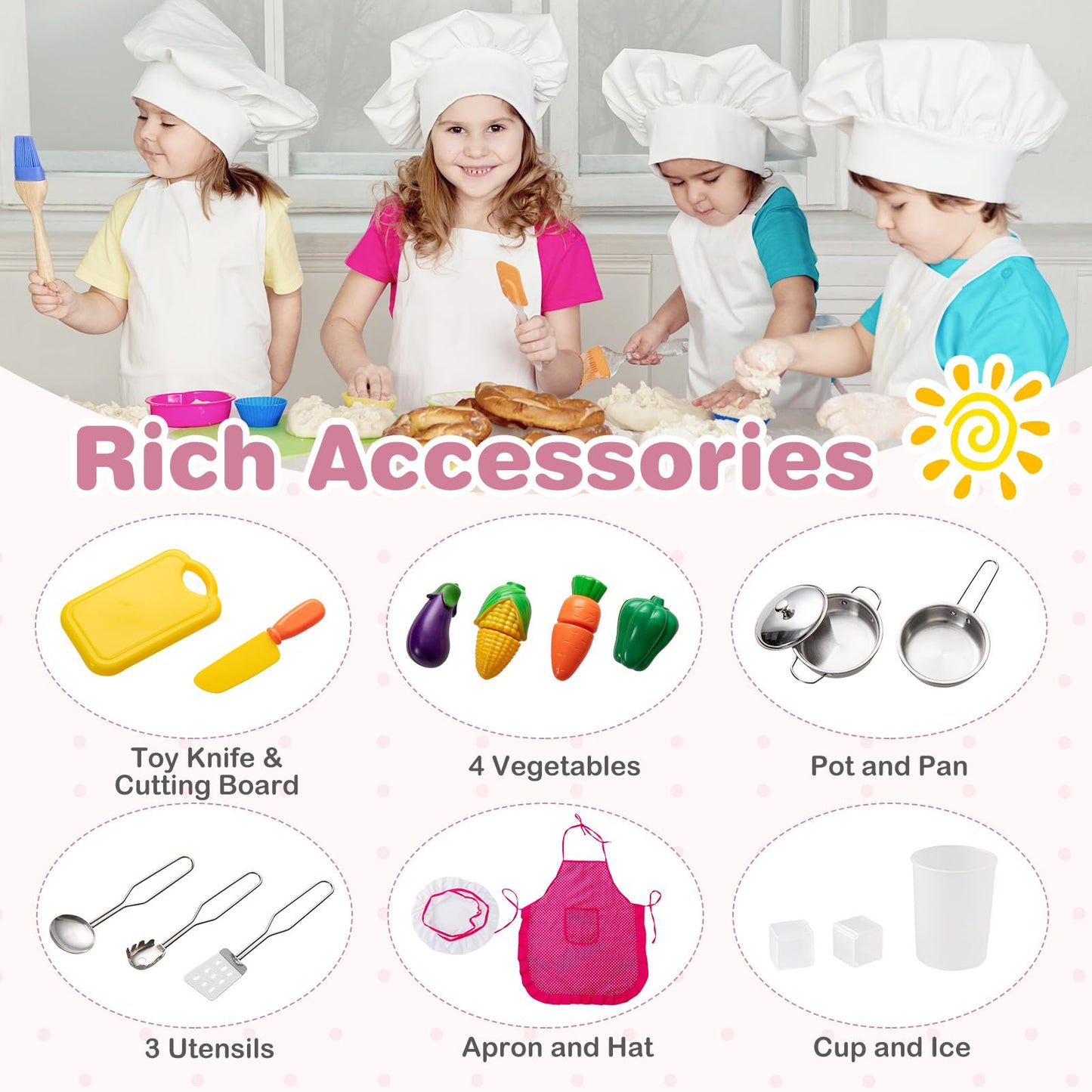 Kids Kitchen Playset Pretend Wooden Play Kitchen with Apron for 3+ Years Old