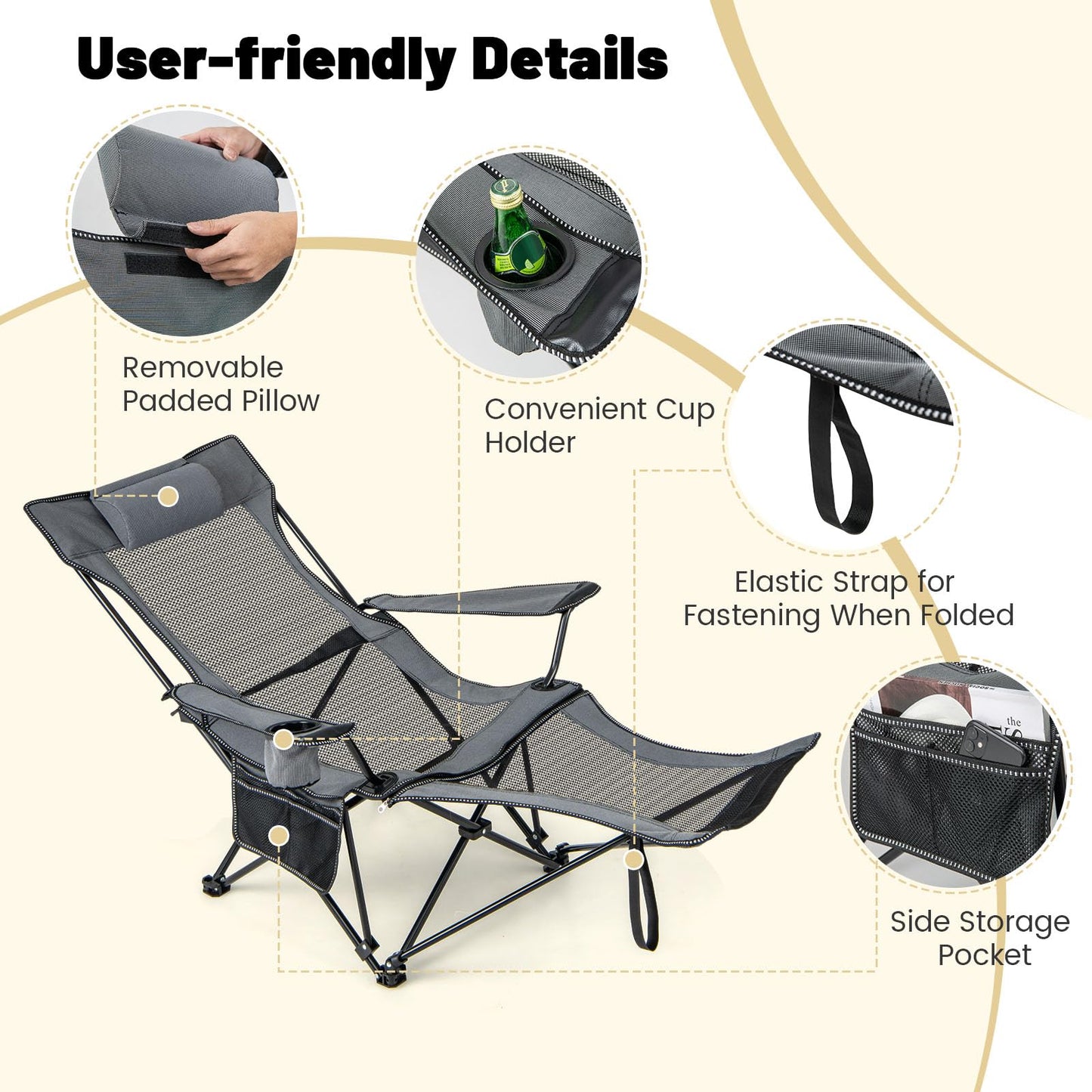 2 in 1 Portable Reclining Camp Chair with Detachable Footrest