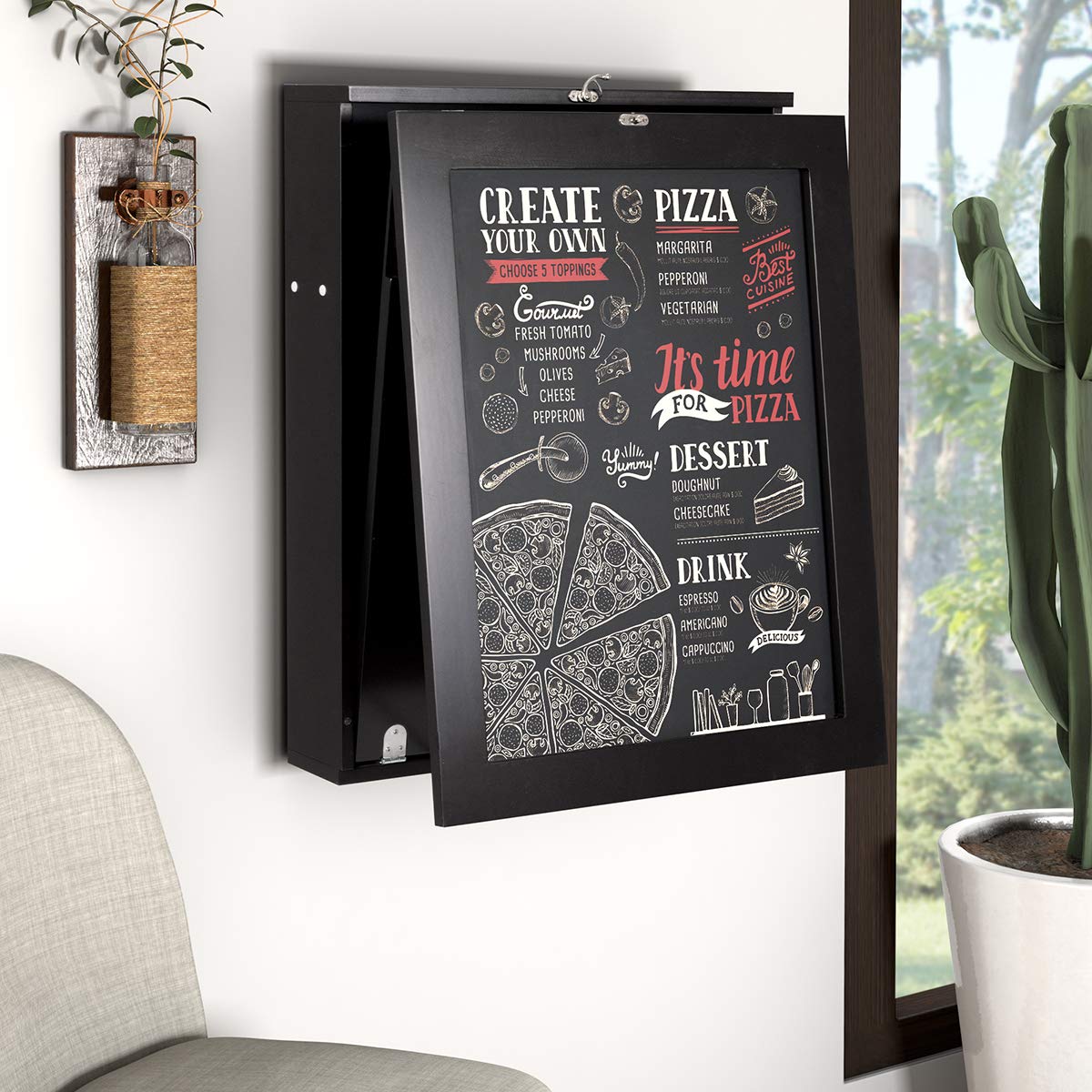 Folding Wall Mounted Drop-Leaf Table, Space Saving Floating Computer Desk with Chalkboard and Adjustable Storage Shelves