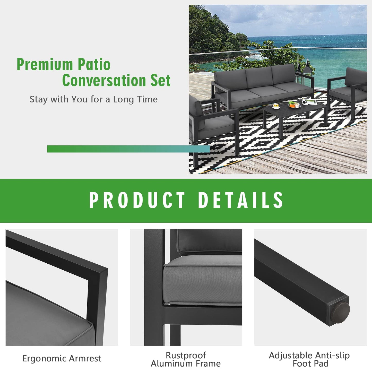 4 Pieces Garden Aluminum Furniture Set with Padded Cushions