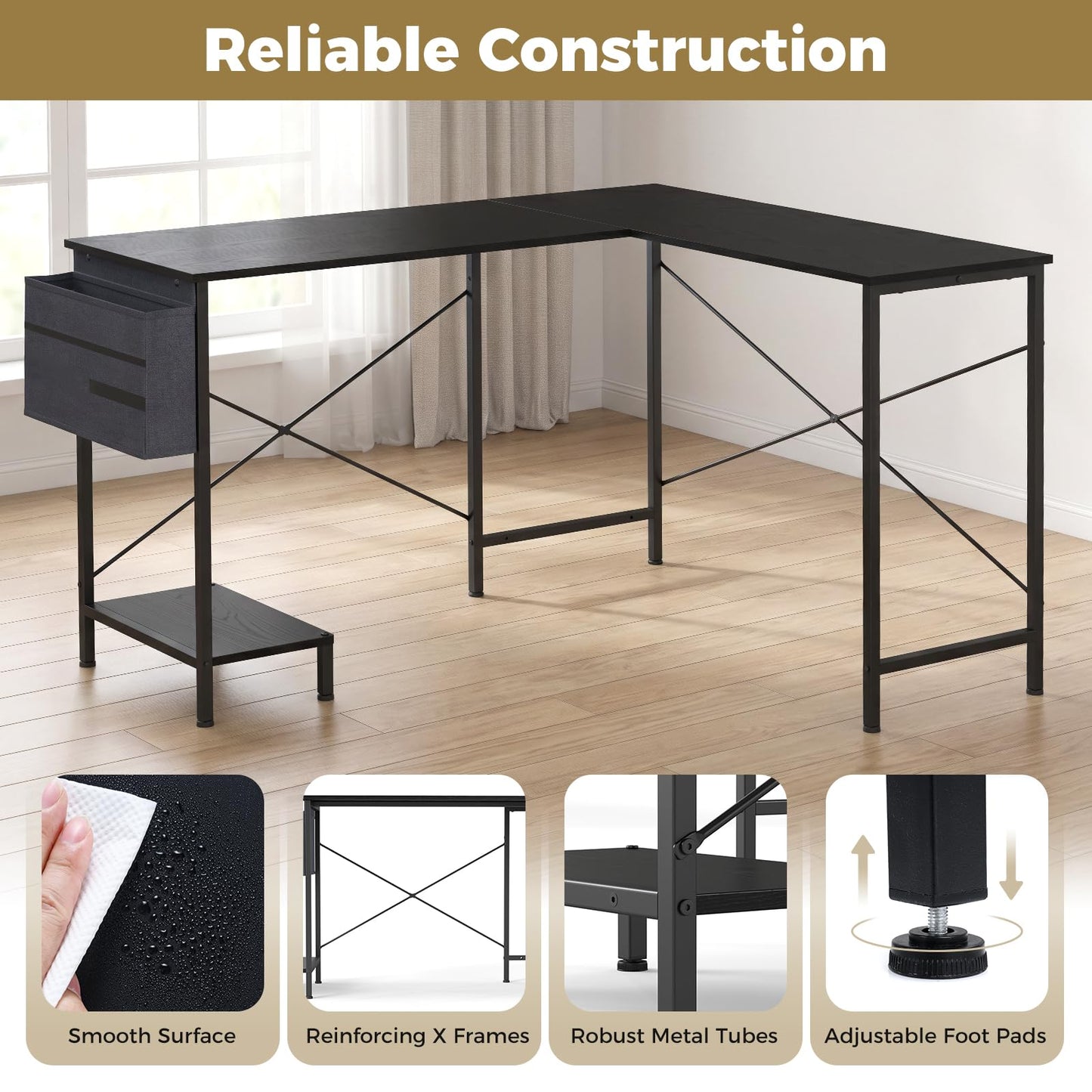 L-Shaped Computer Desk, Metal Frame Reversible Double Study Writing Workstation