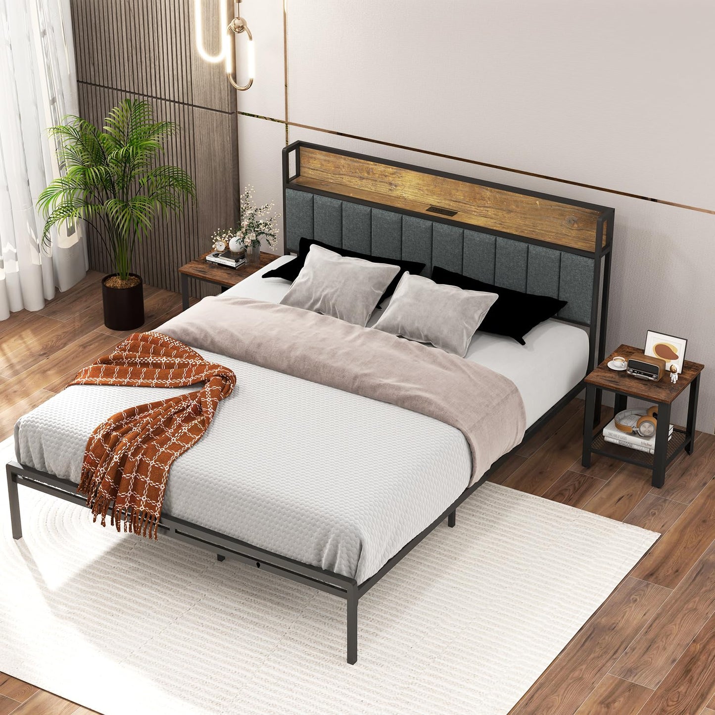 2 Tier End Table Square Sofa Side Table with Mesh Shelf
