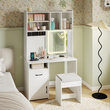 Dressing Table with LED Mirror and Stool, Wooden Makeup Table Vanity Desk Set