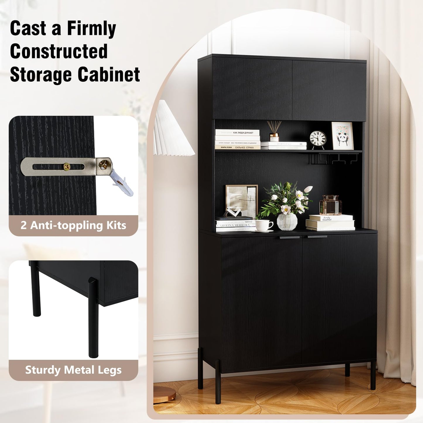 Kitchen Pantry Cabinet with Power Outlets and Wine Racks