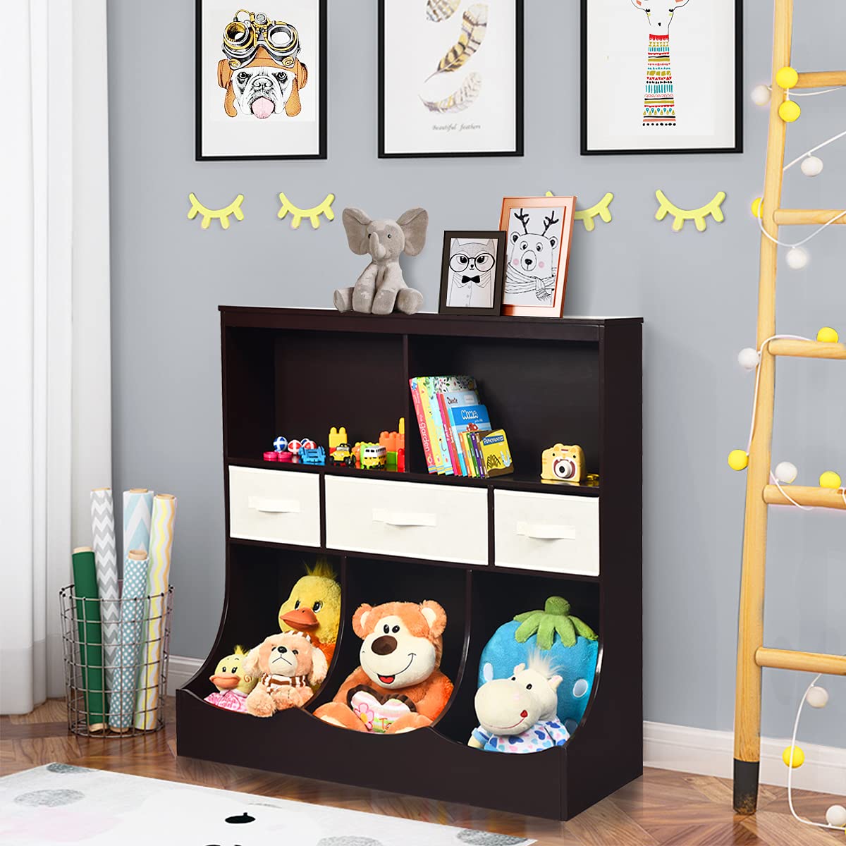 Toy Storage Organizer with 5 Open Cubes and 3 Removable Drawers