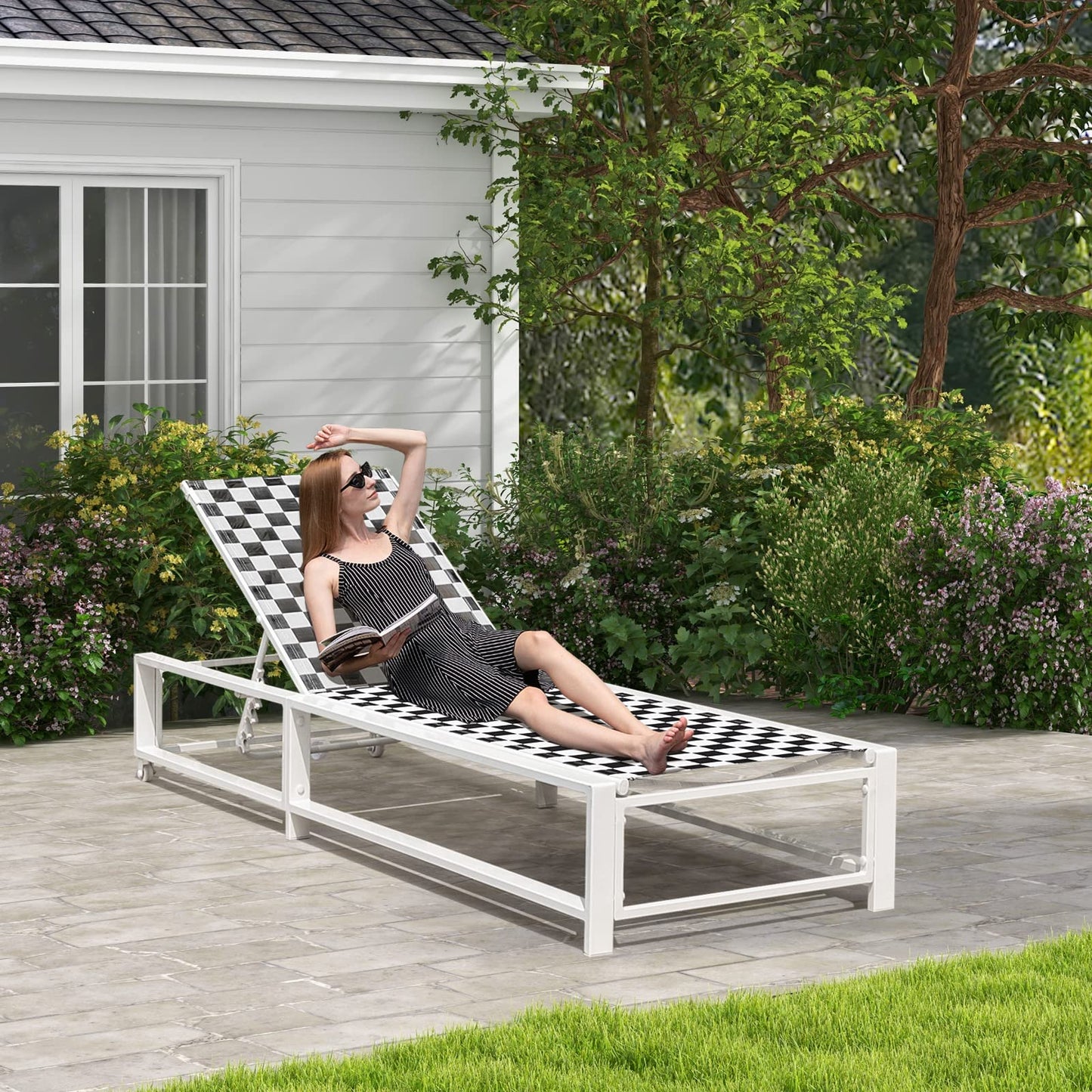6-Level Adjustable Patio Chaise Lounge Chair Deck Sunbed with Rolling Wheels