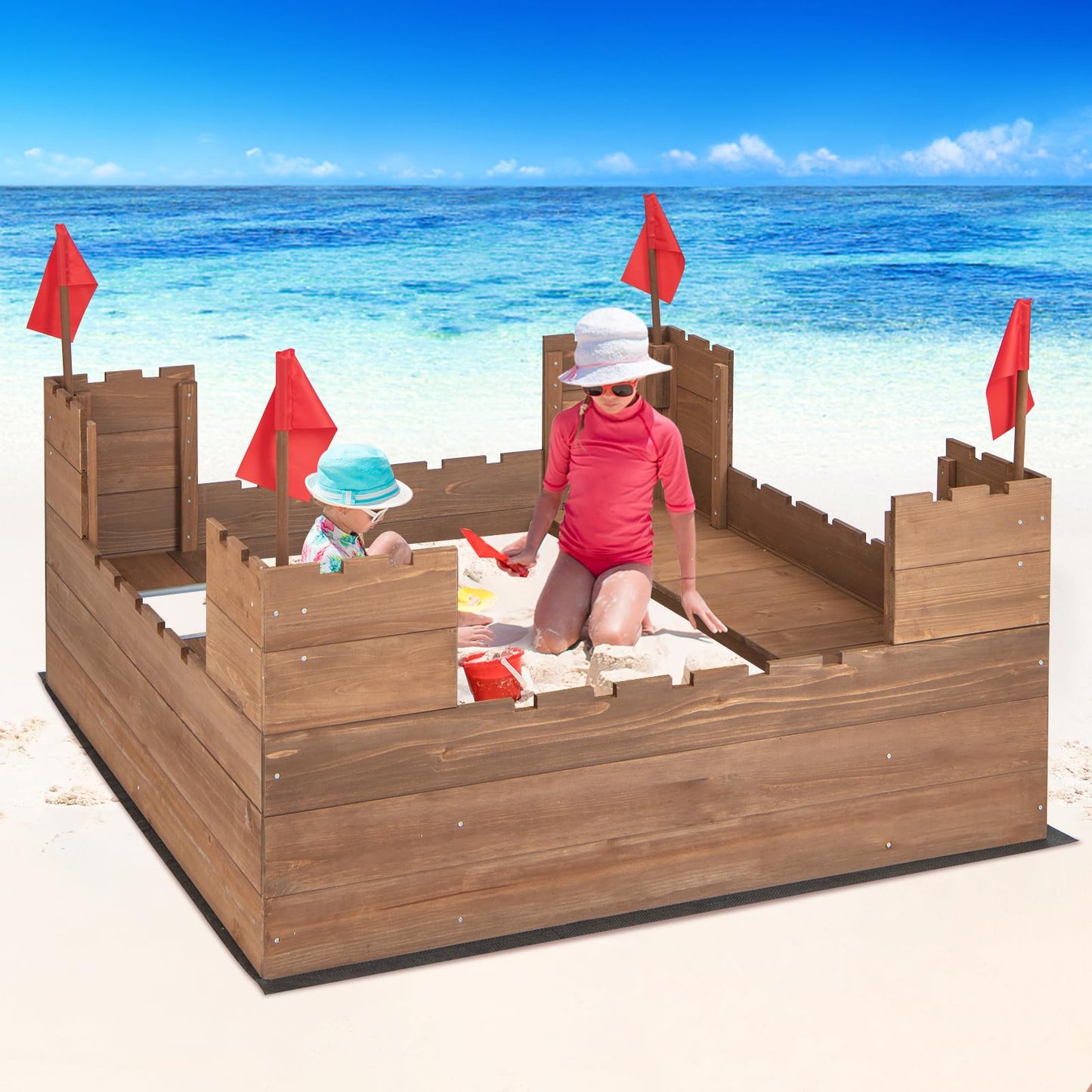 Solid Wood Kids Sandbox with 2 Bench Seats