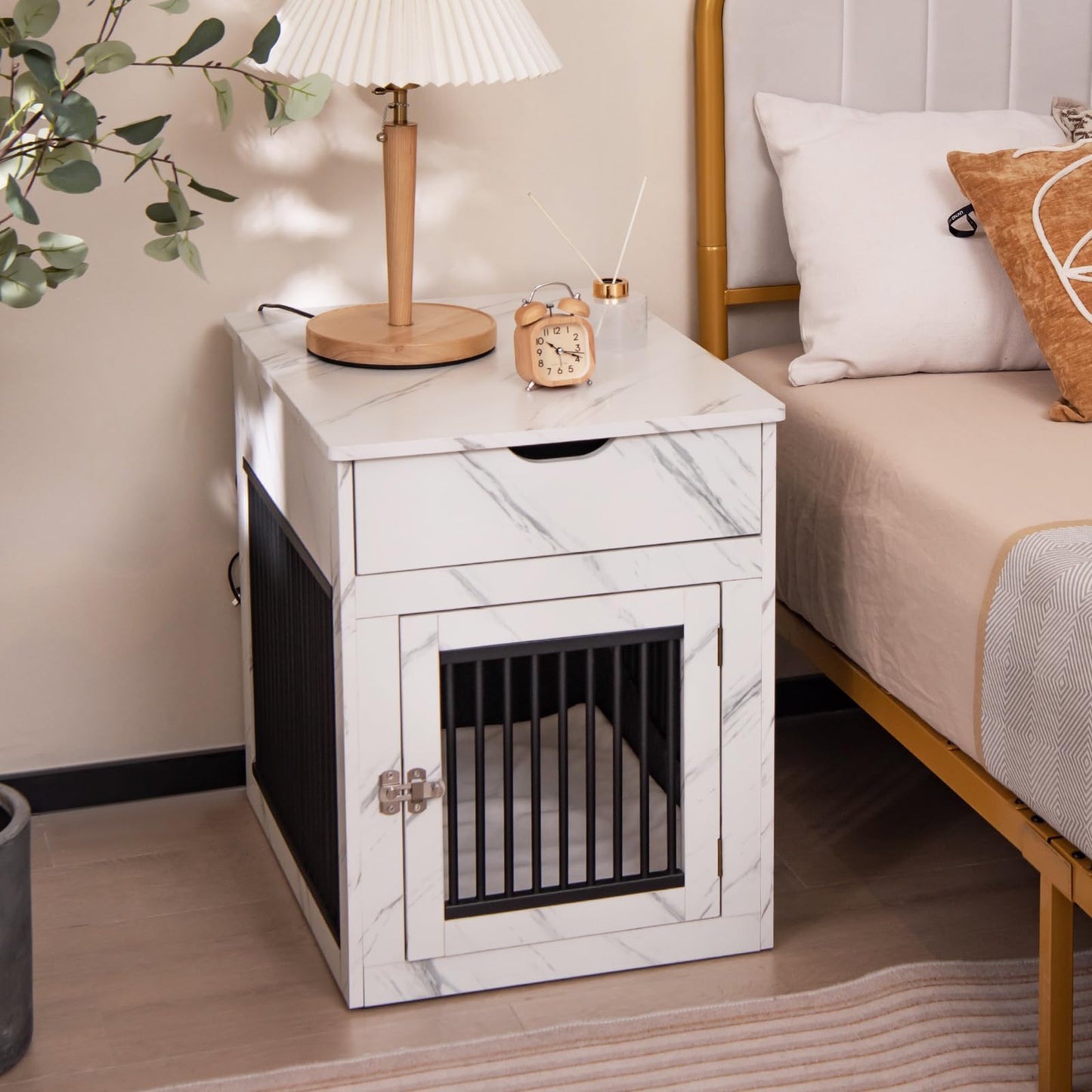 Wooden Dog Crate, Furniture Style Puppy Cage Side End Table with Drawer and Removable Pad