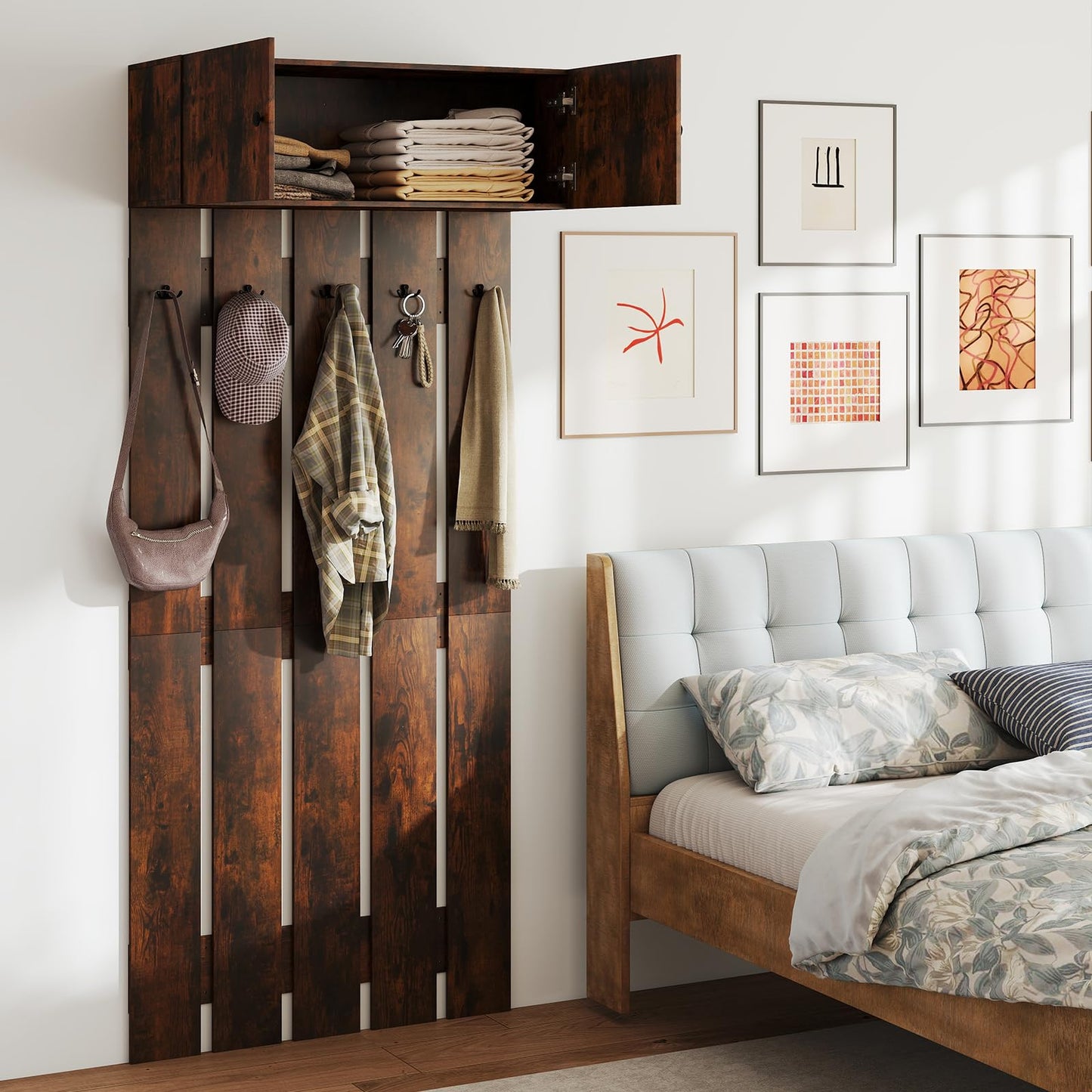 90cm Entryway Wall Mounted Coat Hooks with Shelf 2-Door Cabinet