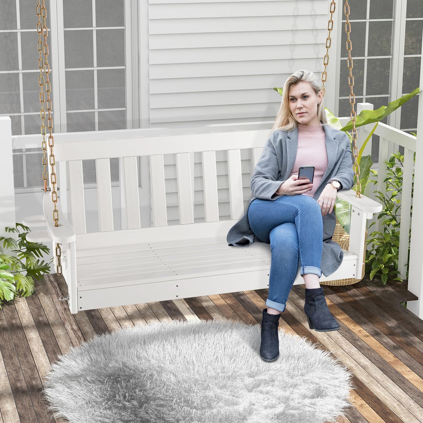 HDPE Porch Swing with Hidden Cup Holder and Adjustable Secure Chains