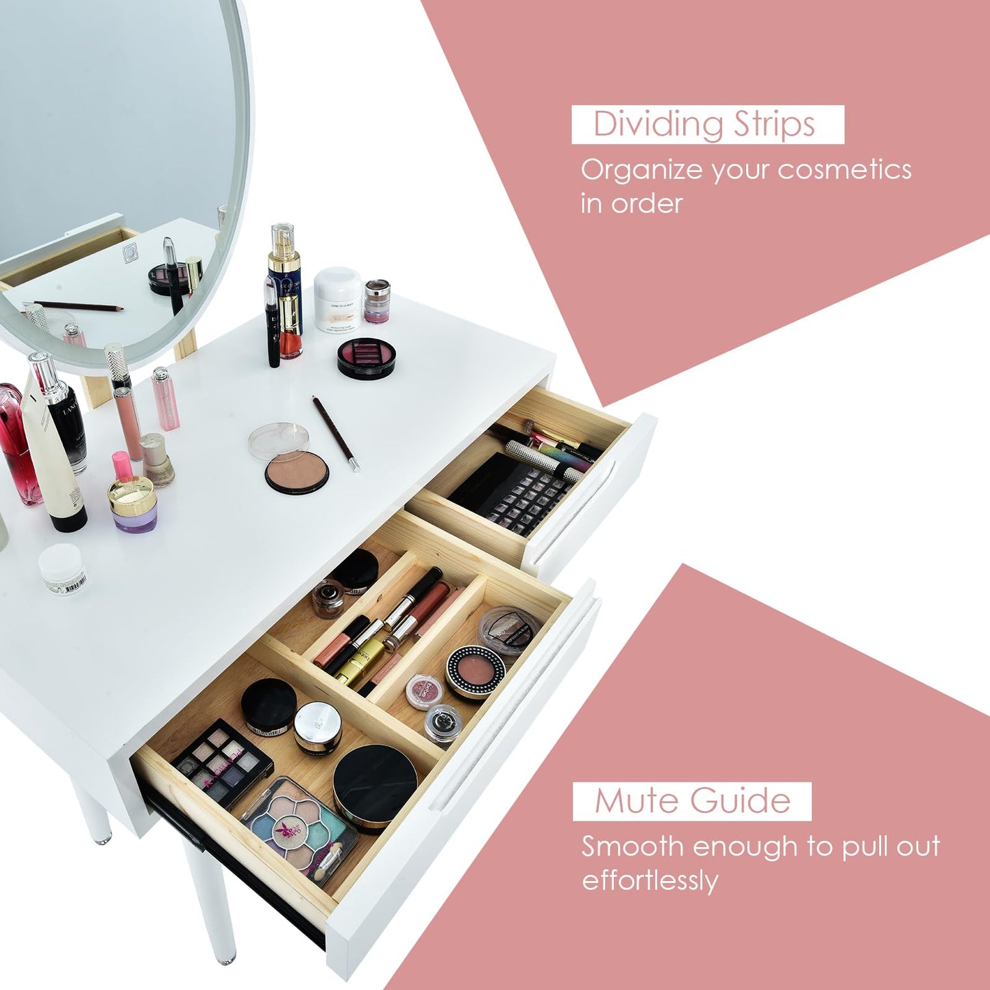 Dressing Table with 3-Color LED Lights Oval Mirror and Stool