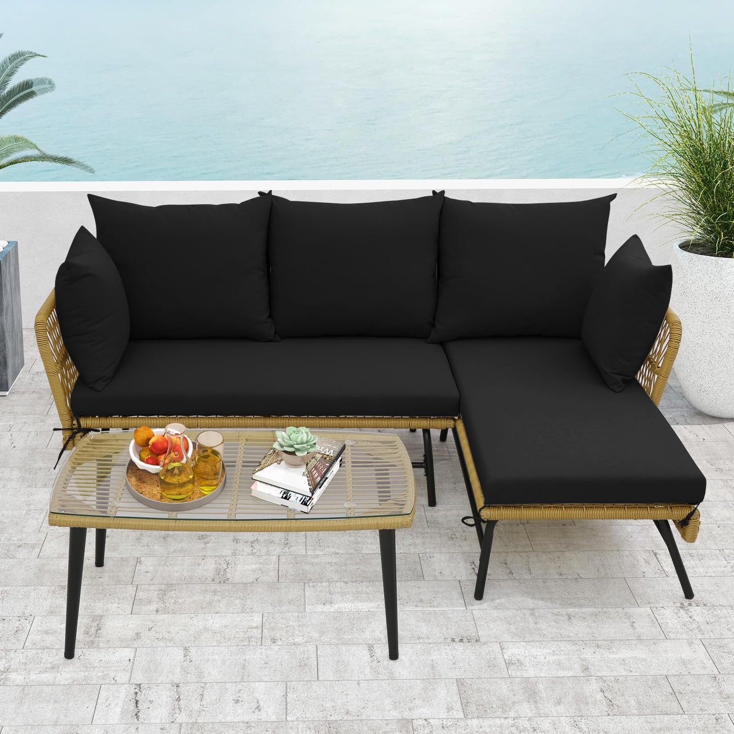 3 Pieces L Shaped Patio Conversation Set with Cushions & Tempered Glass Table