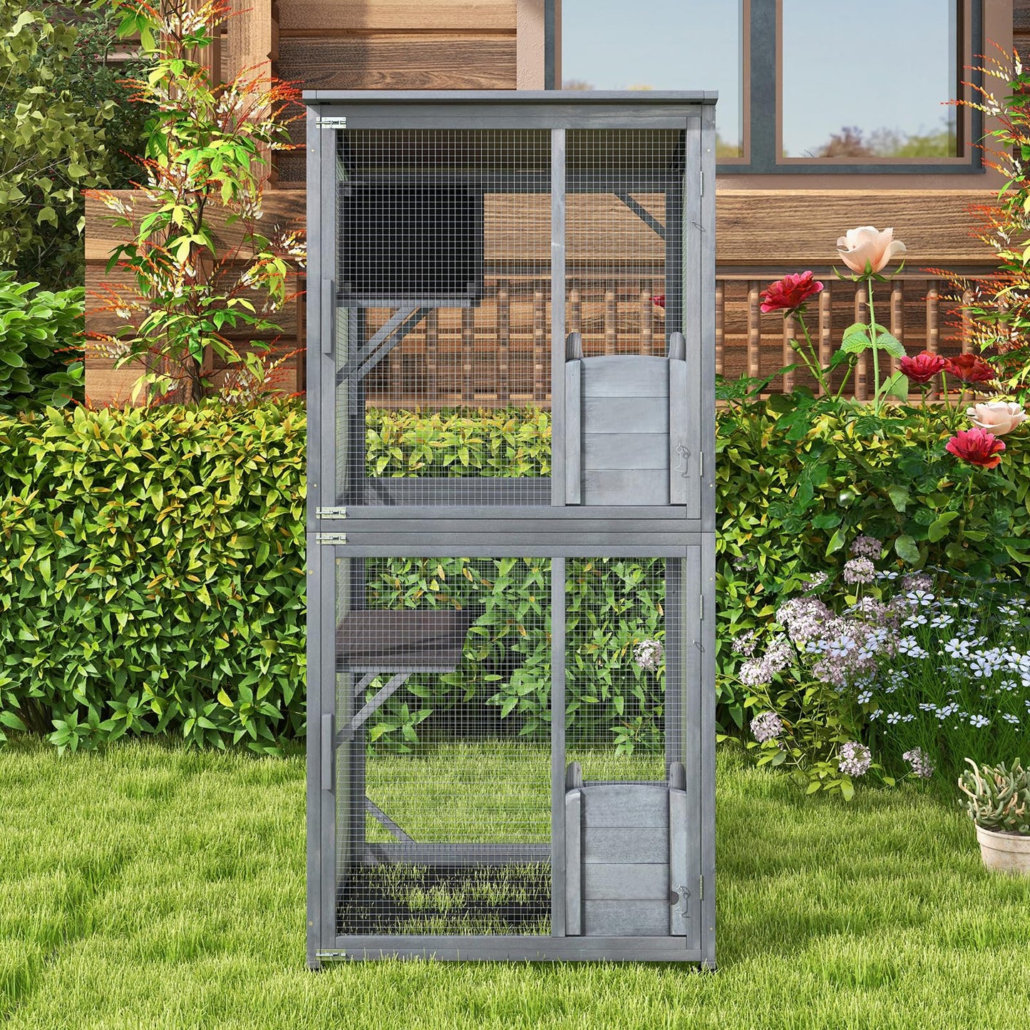 Large Wooden Cat House on Wheels with Resting Box