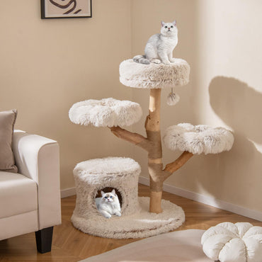 102 CM Tall Real Wood Branch Kitten Tower with Condo and 2 Flower Platforms