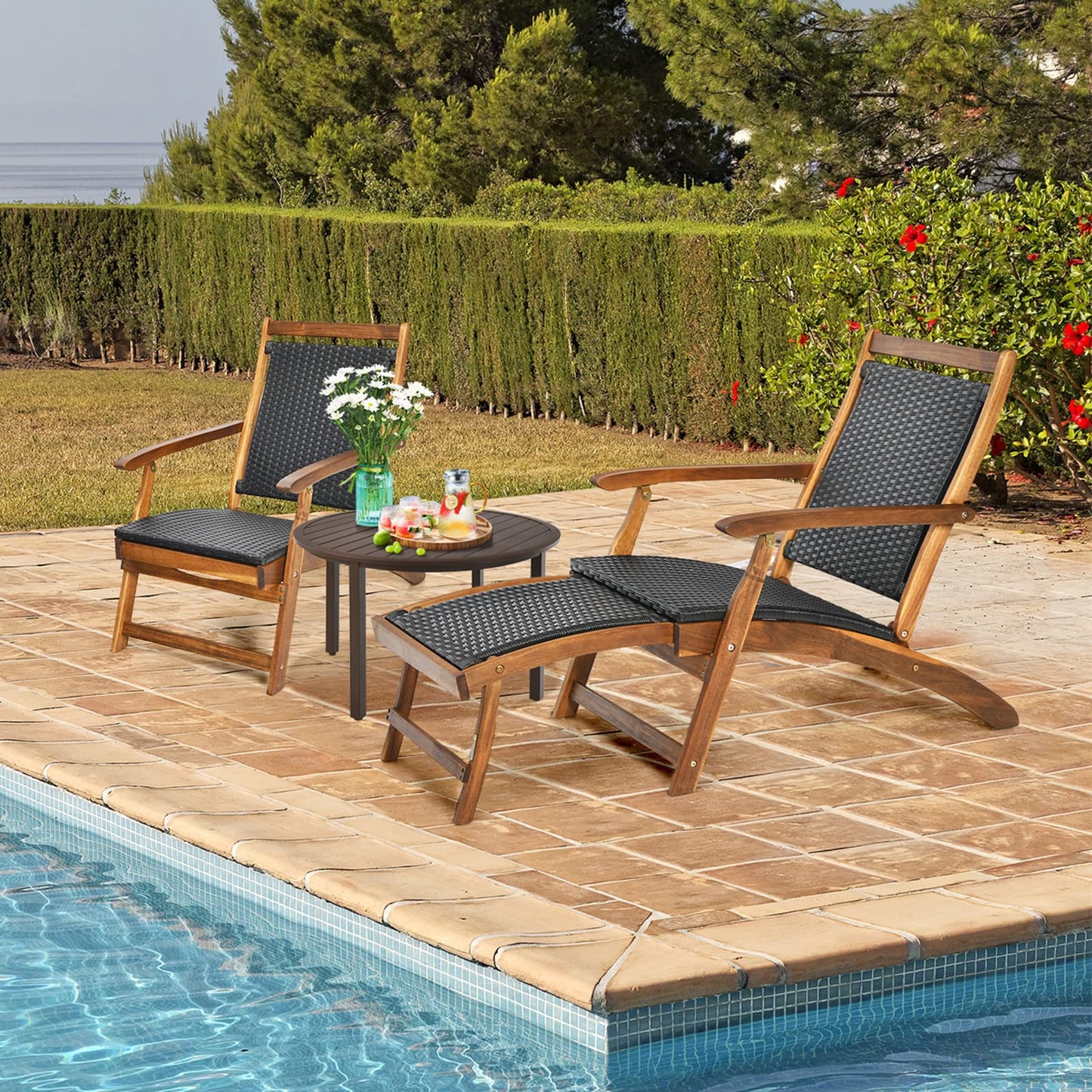 Acacia Wood Rattan Deck Chair with Retractable Footrest