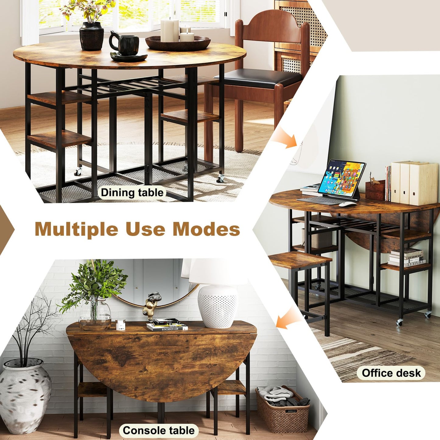 3-Piece Folding Dining Table Set with Large Tabletop and Storage Racks