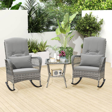 3 Piece Outdoor Rocking Chair Set with Cozy Cushions and Pillow