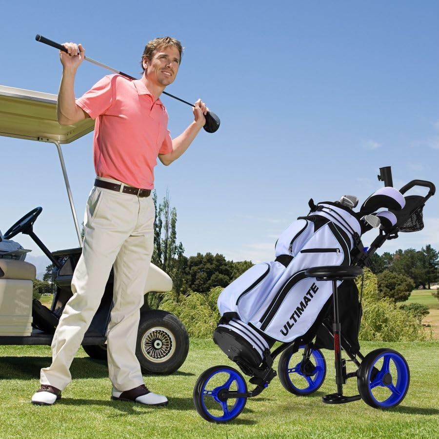 Golf Push Pull Cart with Storage Bag and Foot Brake