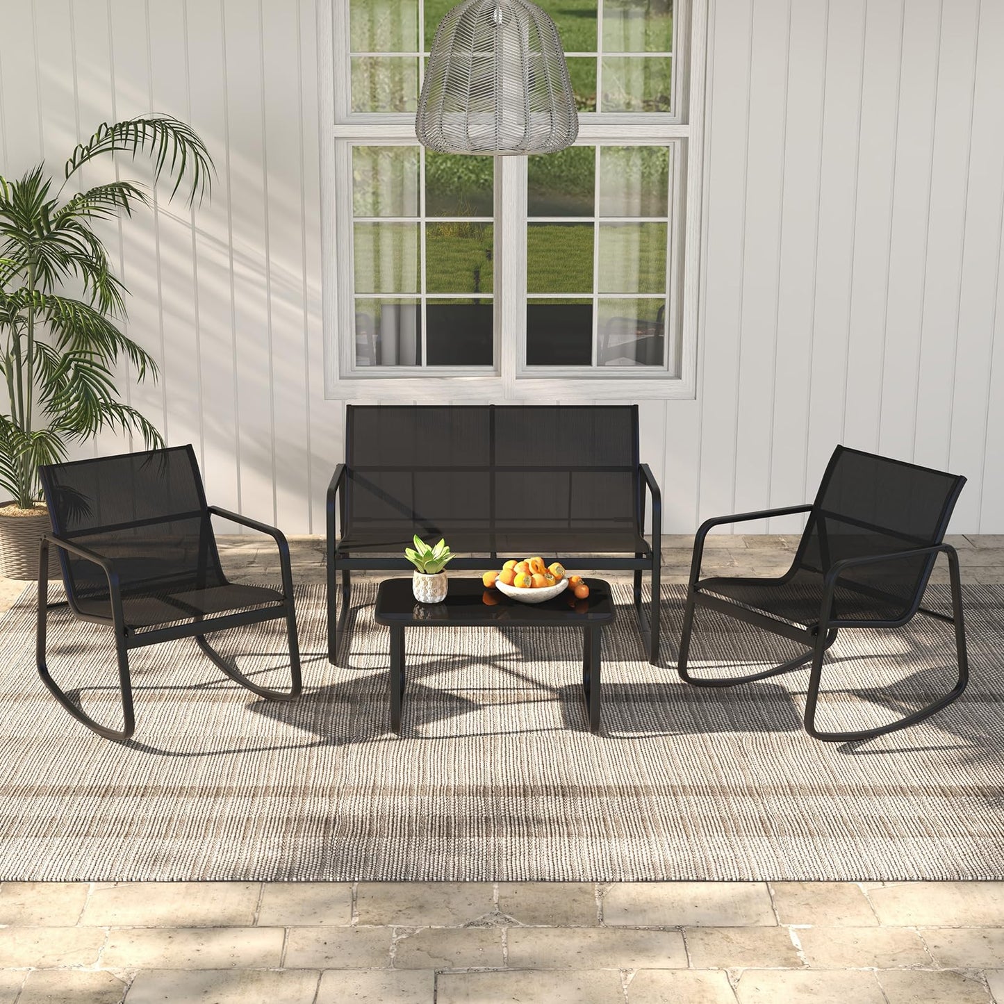 Metal Frame Outdoor Conversation Set with Loveseat and Glass Coffee Table