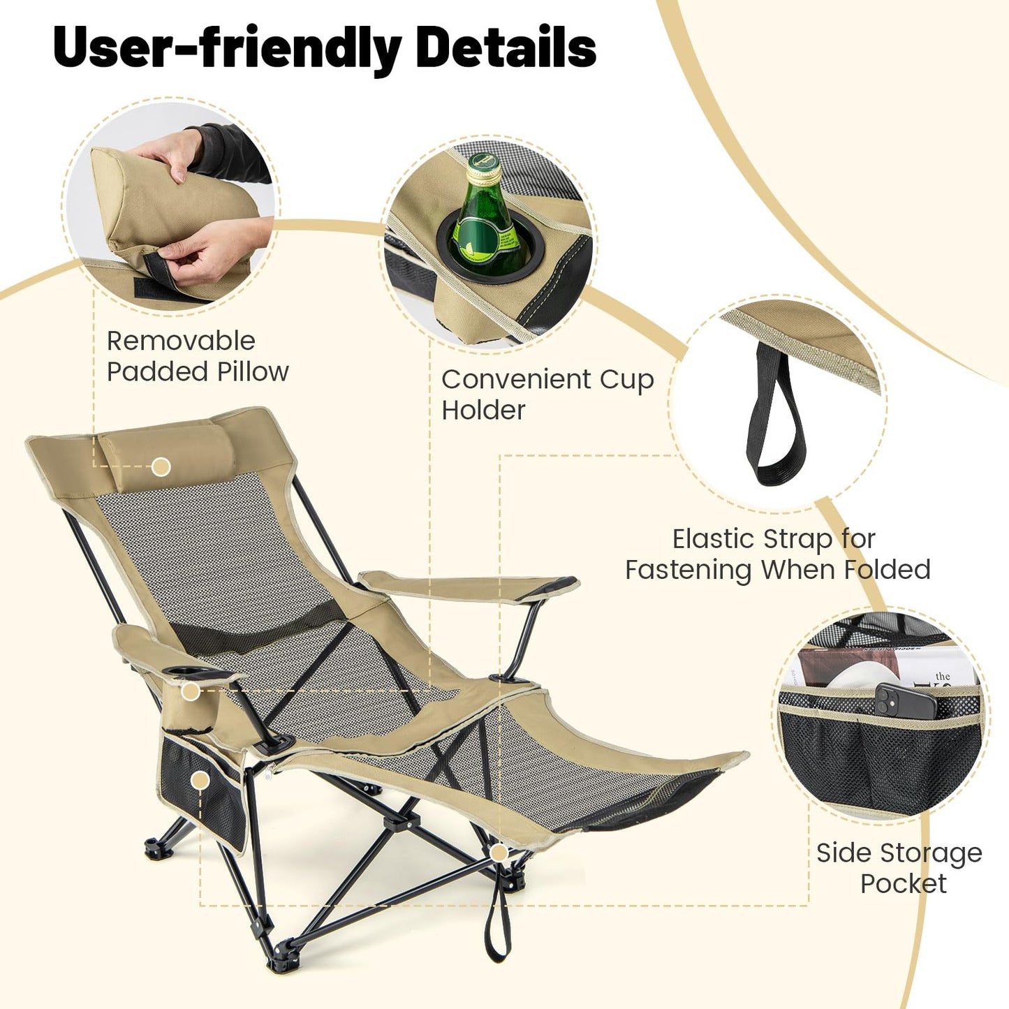 2 in 1 Portable Reclining Camp Chair with Detachable Footrest