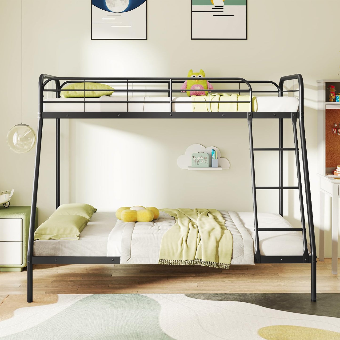 Single over Double Loft Bed Frame with Ladder and Safety Guardrail