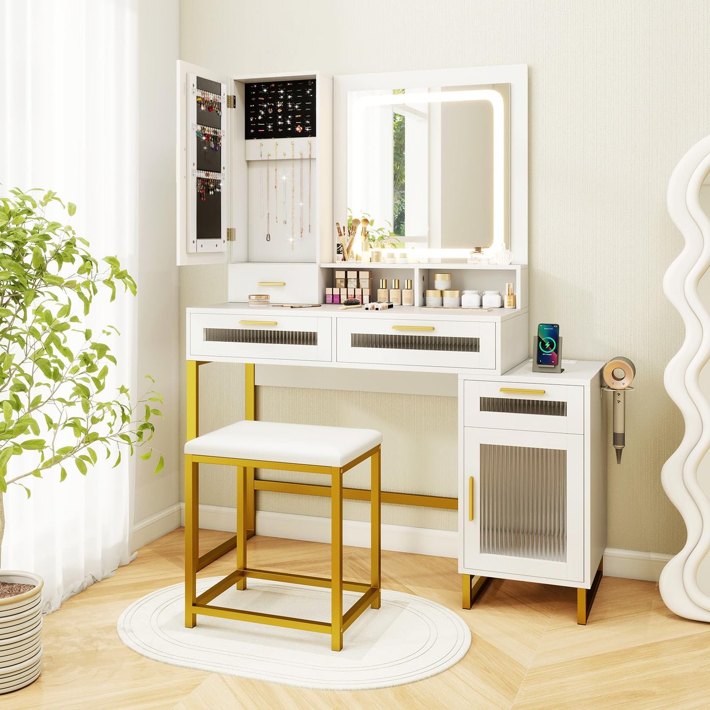 Dressing Table and Chair Set with 3 Lighting Modes and Adjustable Brightness